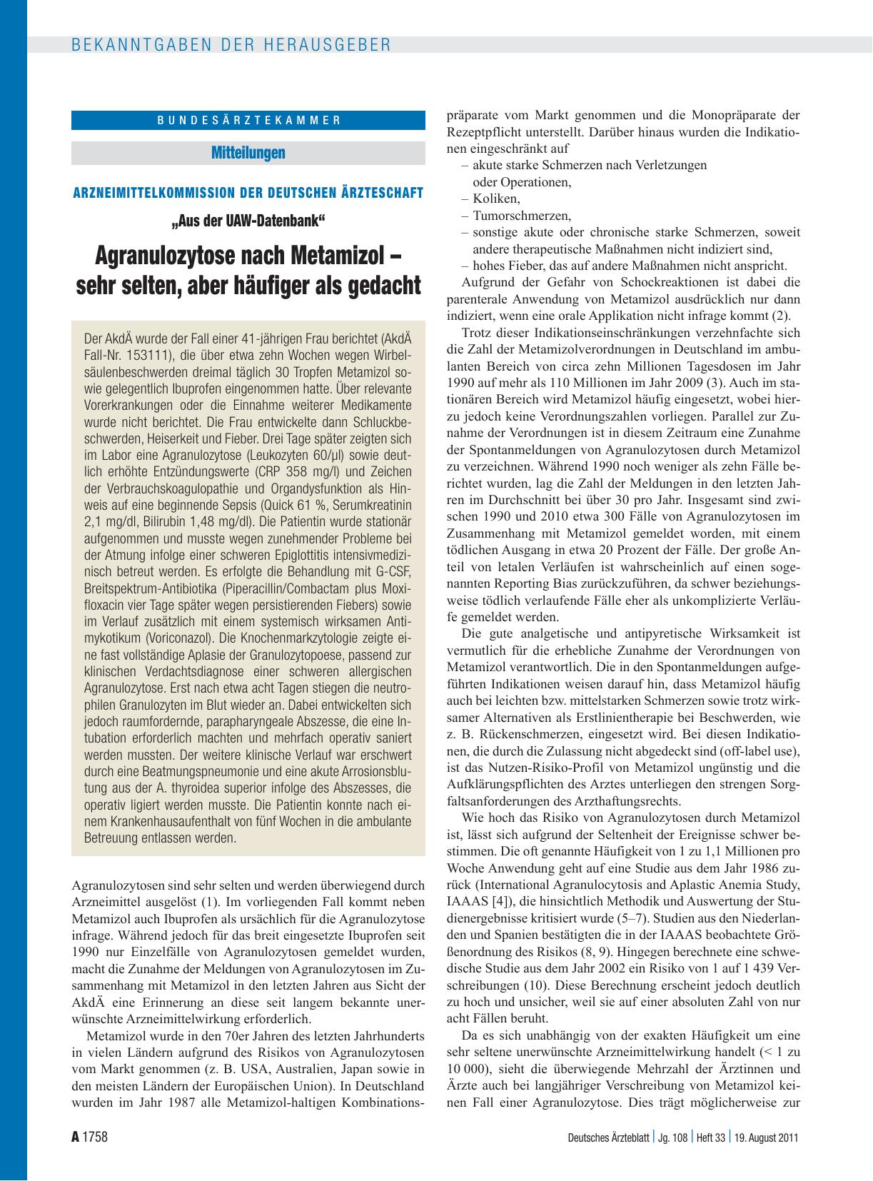 Vorschauseite 1: Arzneimittelkommission der Deutschen Ärzteschaft: „Aus der UAW-Datenbank“ Agranulozytose nach Metamizol – sehr selten, aber häufiger als gedacht