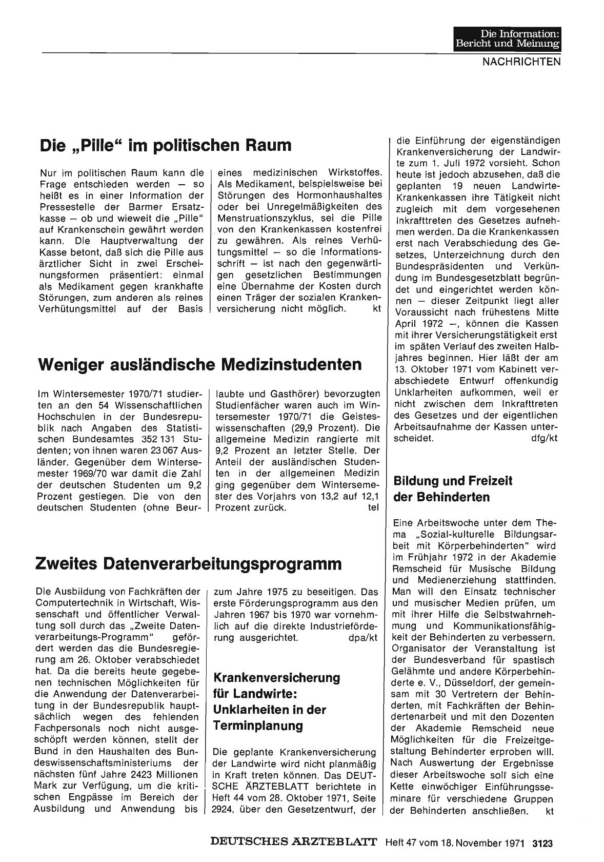 Vorschauseite 1: Die „Pille" im politischen Raum