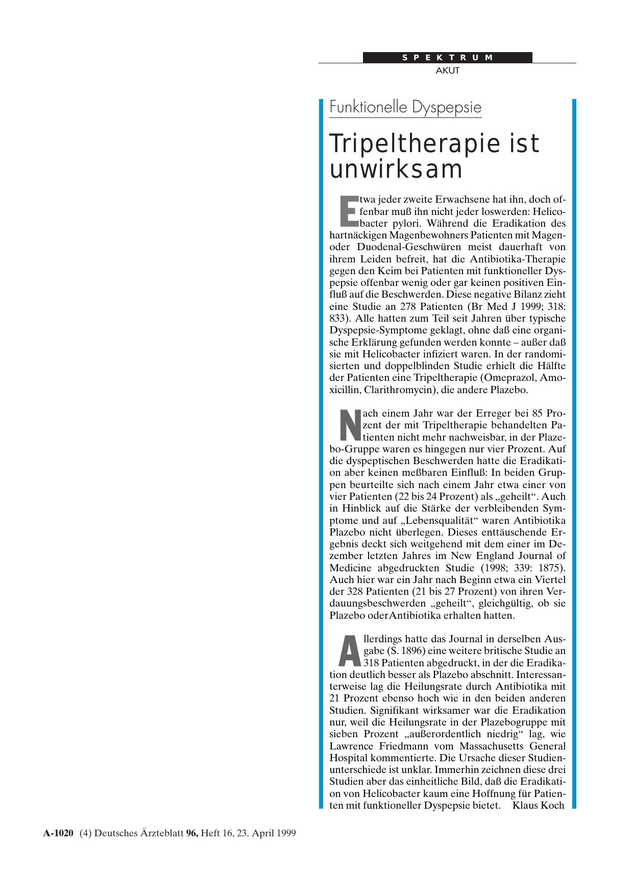 Vorschauseite 1: Funktionelle Dyspepsie: Tripeltherapie ist unwirksam