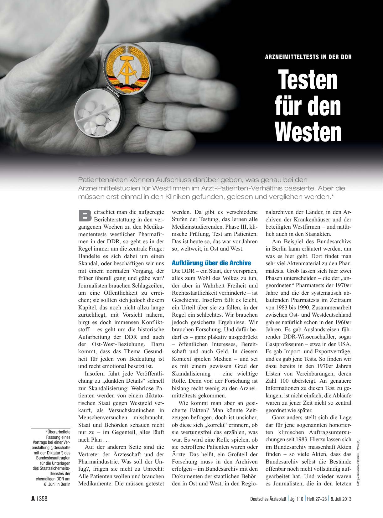 Vorschauseite 1: Arzneimitteltests in der DDR: Testen für den Westen