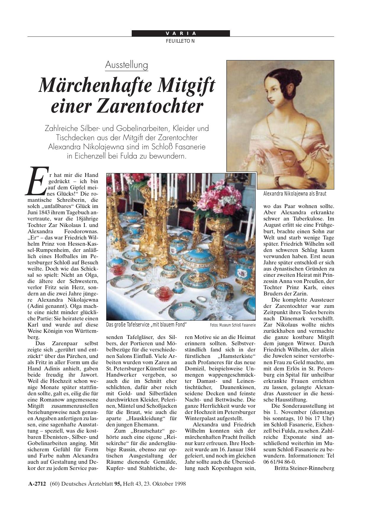 Vorschauseite 1: Ausstellung: Märchenhafte Mitgift einer Zarentochter