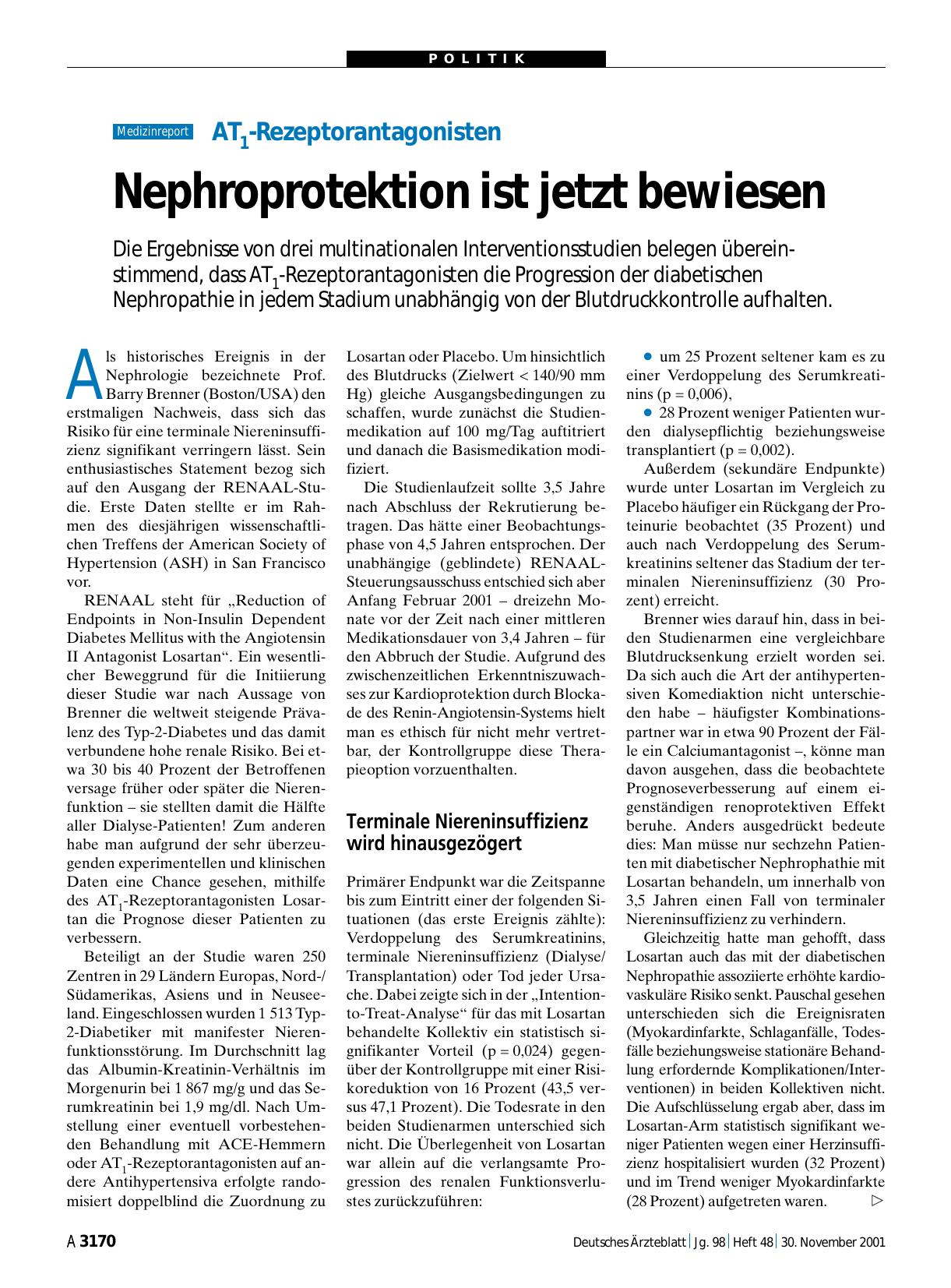 Vorschauseite 1: AT1-Rezeptorantagonisten: Nephroprotektion ist jetzt bewiesen