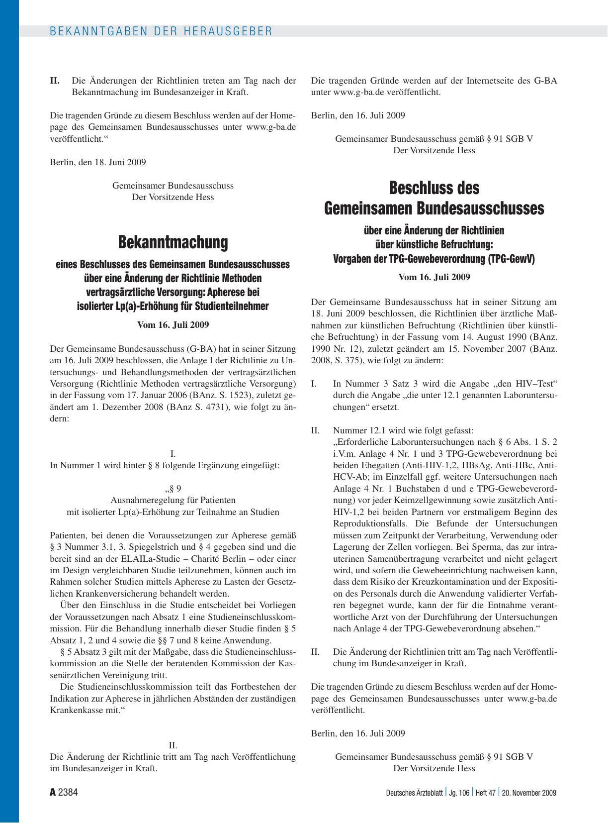 Vorschauseite 1: Beschluss des Gemeinsamen Bundesausschusses über eine Änderung der Richtlinien über künstliche Befruchtung: Vorgaben der TPG-Gewebeverordnung (TPG-GewV) vom 16. Juli 2009
