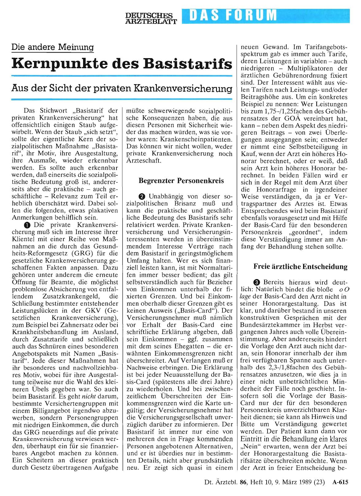 Vorschauseite 1: Die andere Meinung: Kernpunkte des Basistarifs: Aus der Sicht der privaten Krankenversicherung