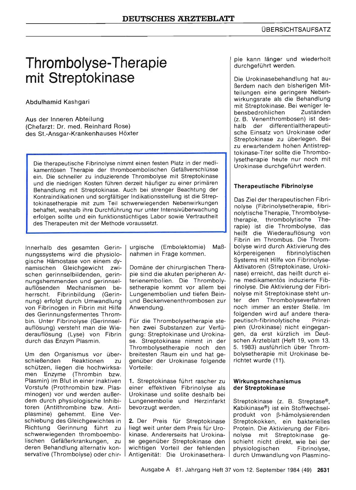 Vorschauseite 1: Thrombolyse-Therapie mit Streptokinase
