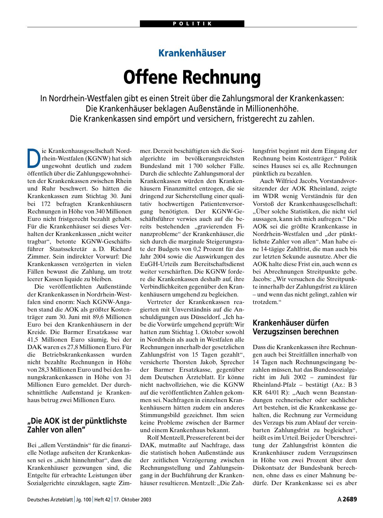 Vorschauseite 1: Krankenhäuser: Offene Rechnung