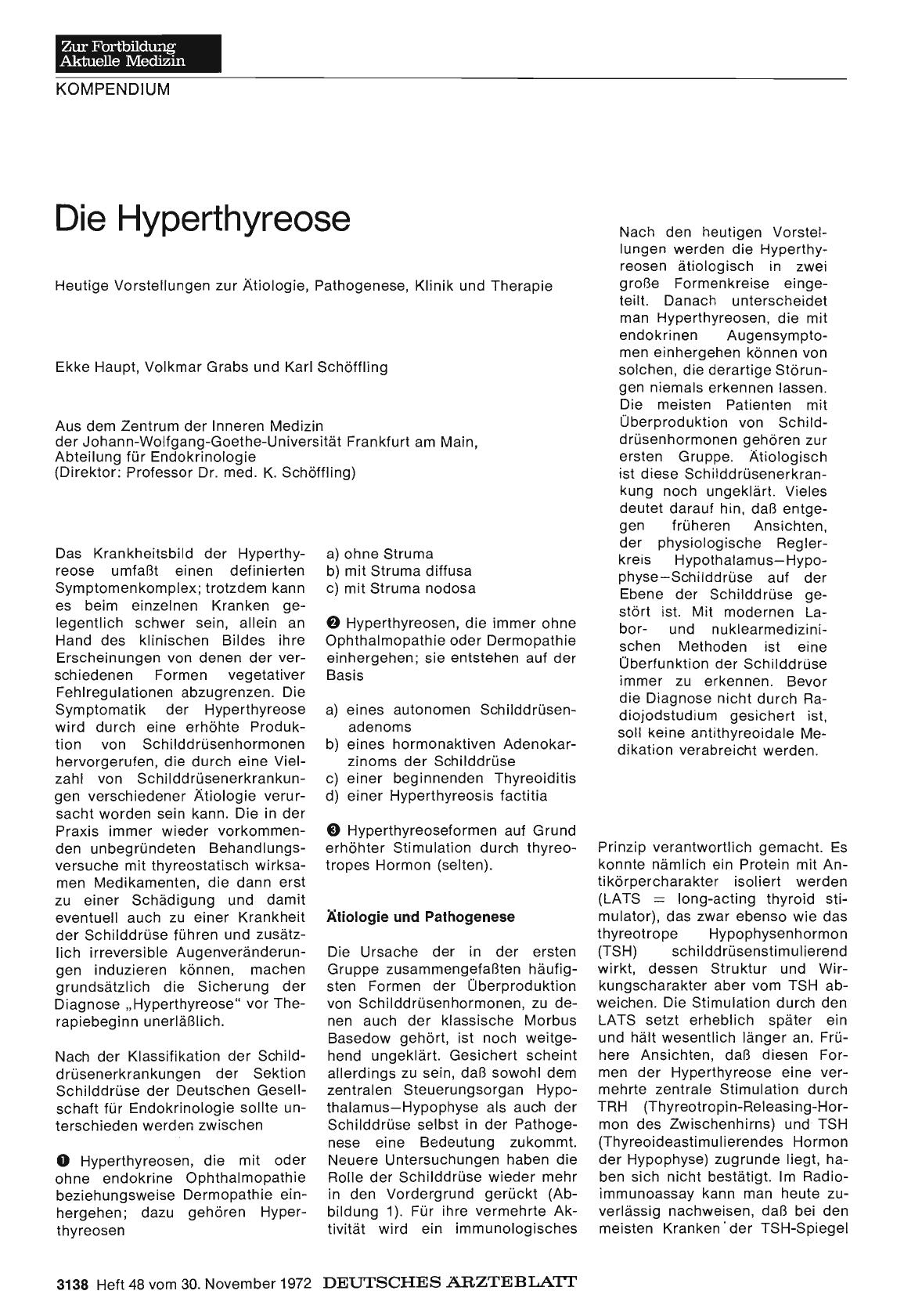 Vorschauseite 1: Die Hyperthyreose: Heutige Vorstellungen zur Ätiologie, Pathogenese, Klinik und Therapie