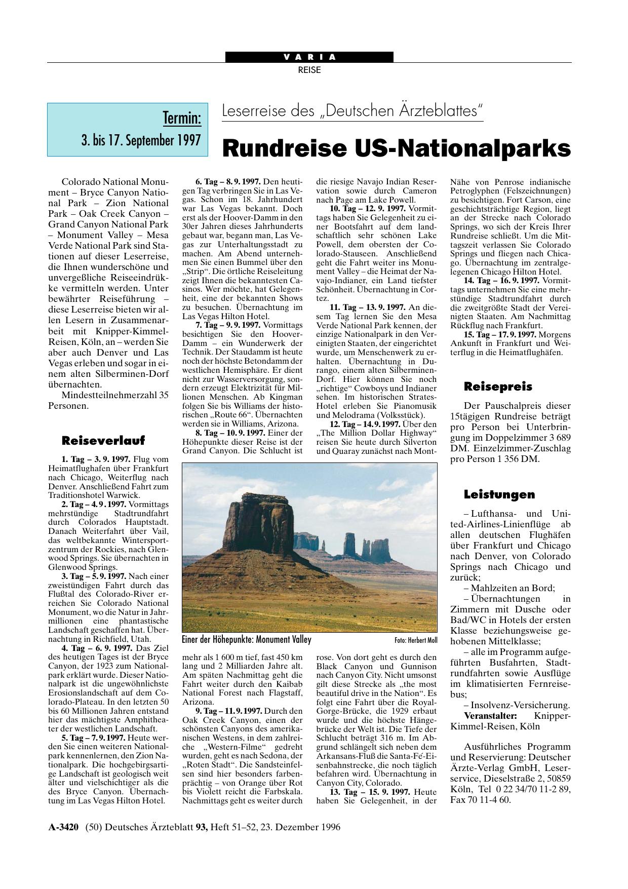 Vorschauseite 1: Leserreise des „Deutschen Ärzteblattes“: Rundreise US-Nationalparks