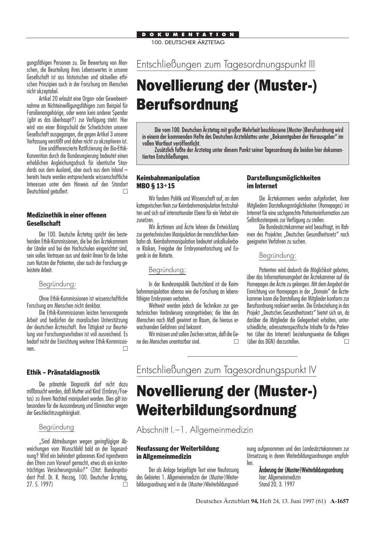 Vorschauseite 1: Entschließungen zum Tagesordnungspunkt IV: Novellierung der (Muster-) Weiterbildungsordnung