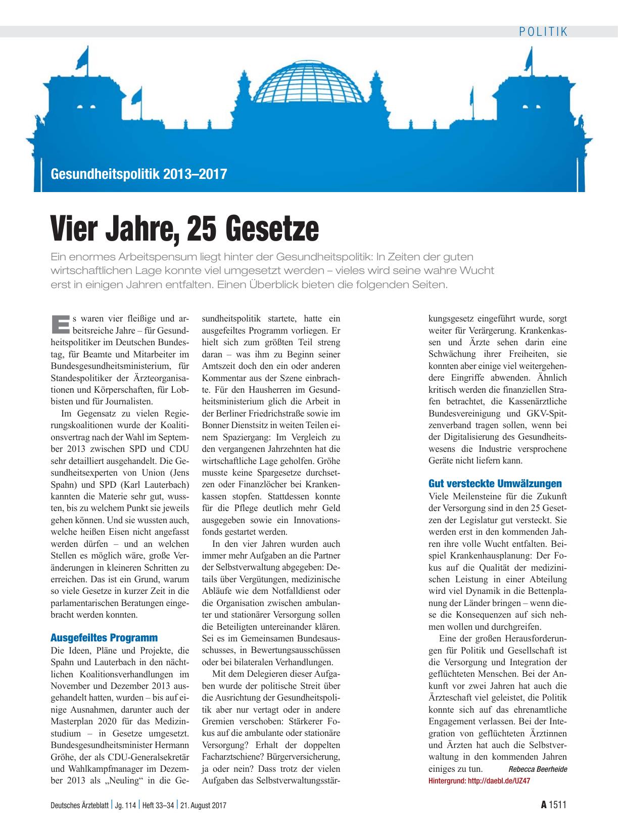 Vorschauseite 1: Gesundheitspolitik 2013–2017: Vier Jahre, 25 Gesetze