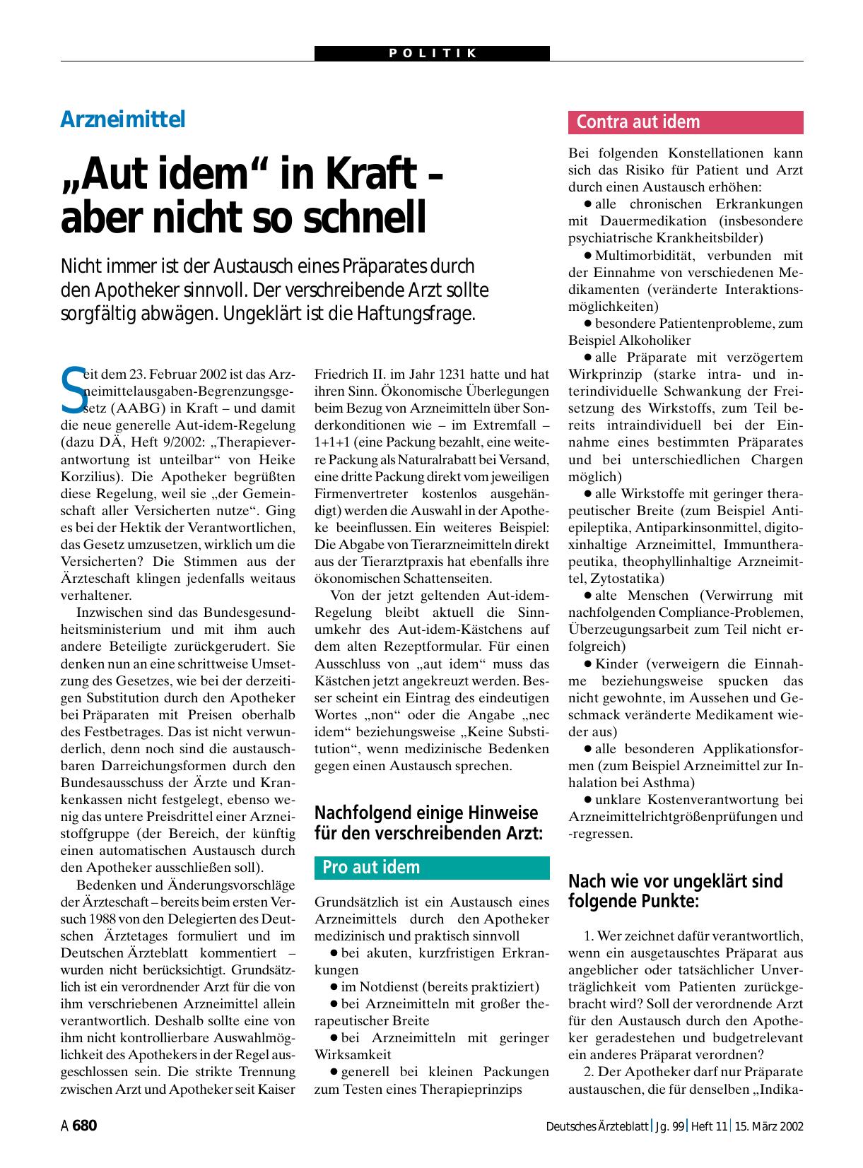Vorschauseite 1: Arzneimittel: „Aut idem“ in Kraft – aber nicht so schnell