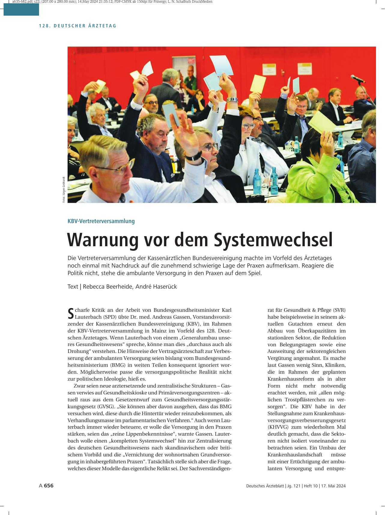 Vorschauseite 1: KBV-Vertreterversammlung: Warnung vor dem Systemwechsel