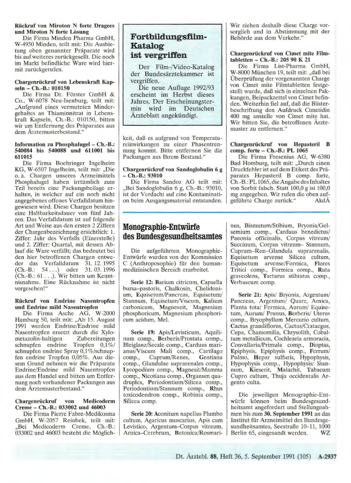 Vorschauseite 1: Monographie-Entwürfe des Bundesgesundheitsamtes