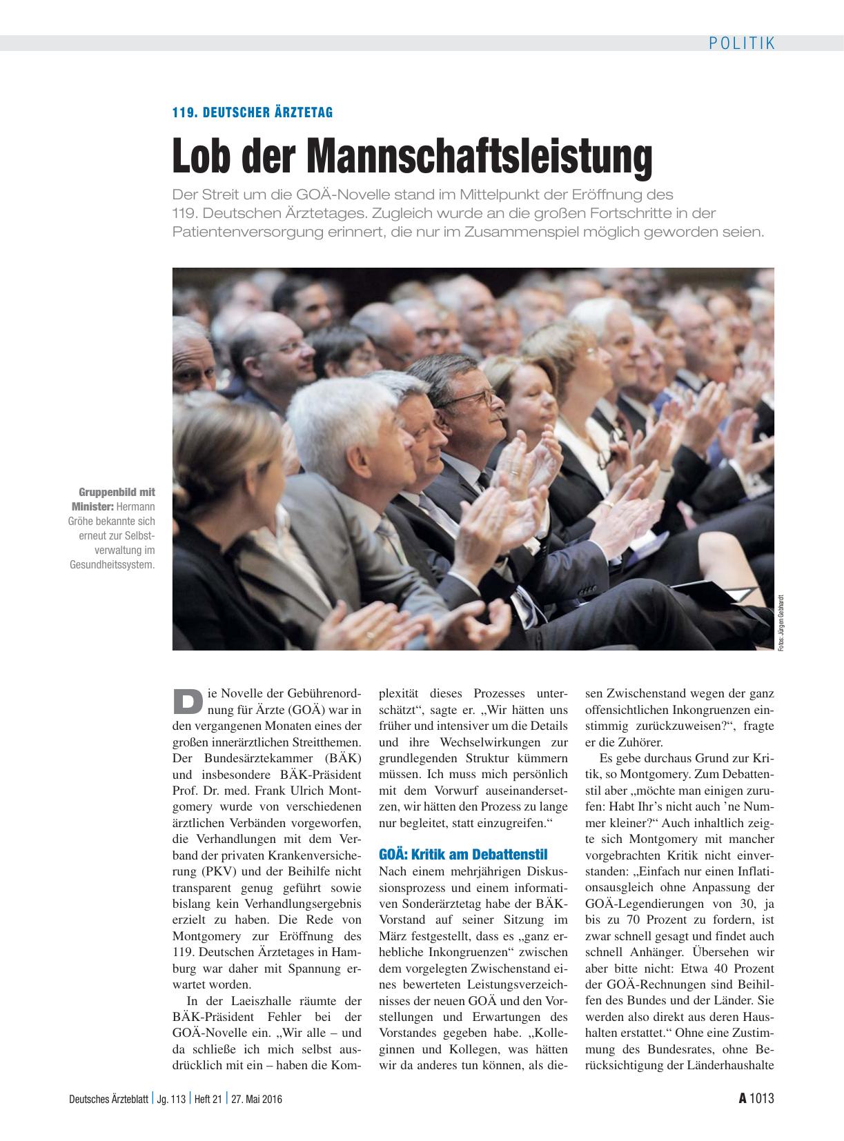 Vorschauseite 1: 119. Deutscher Ärztetag: Lob der Mannschaftsleistung