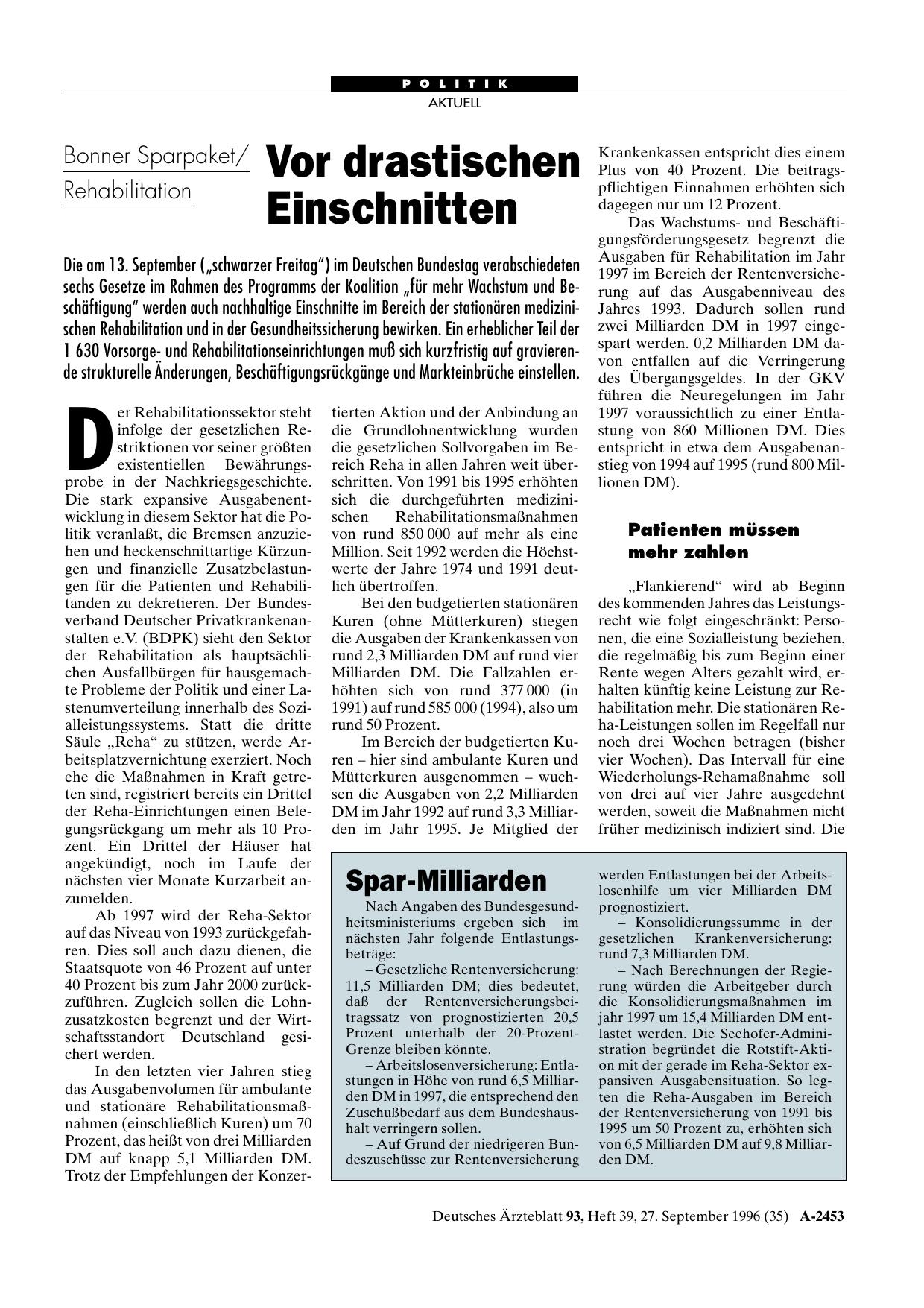 Vorschauseite 1: Bonner Sparpaket/Rehabilitation: Vor drastischen Einschnitten