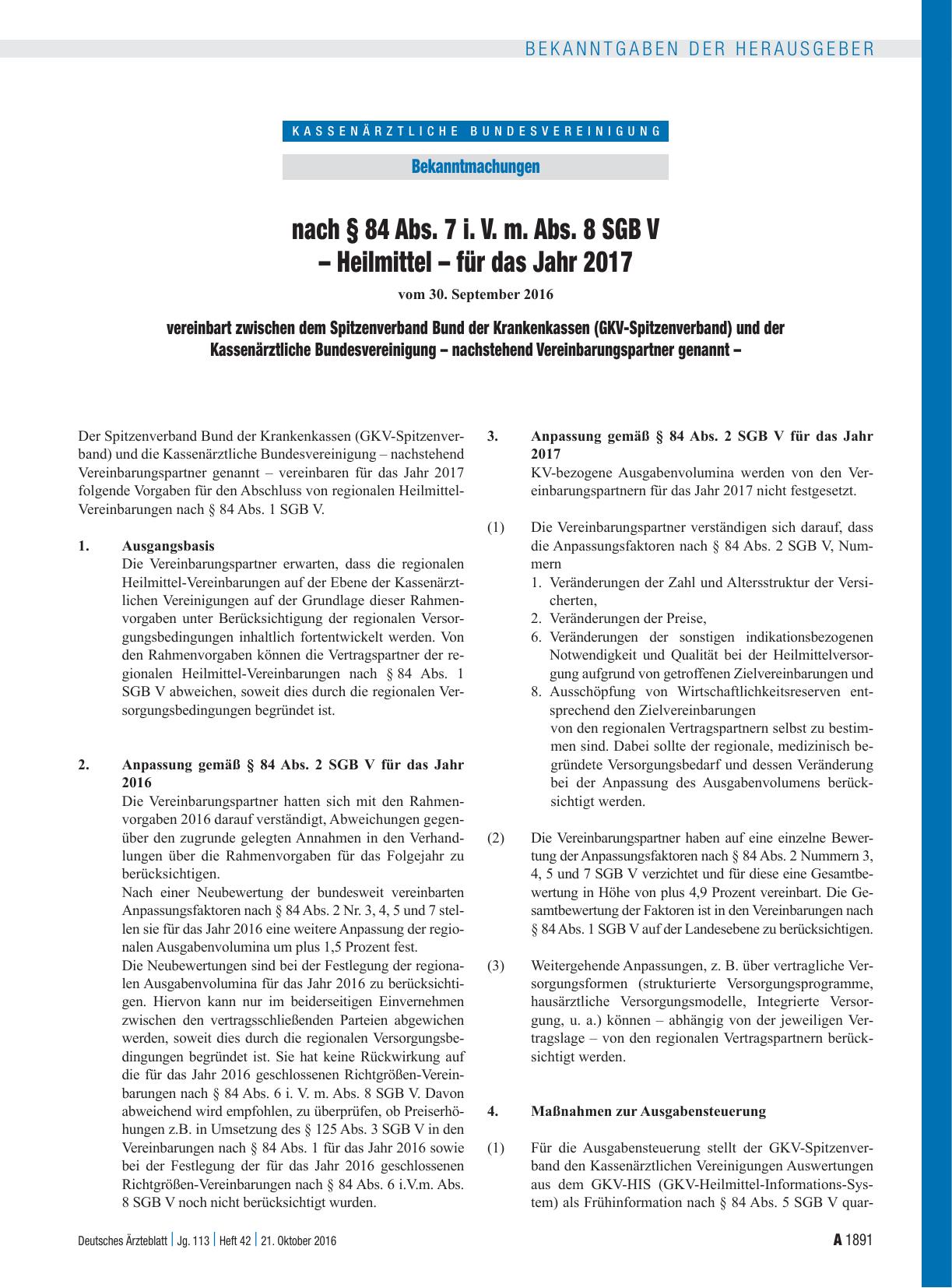 Vorschauseite 1: Nach § 84 Abs. 7 i. V. m. Abs. 8 SGB V – Heilmittel – für das Jahr 2017