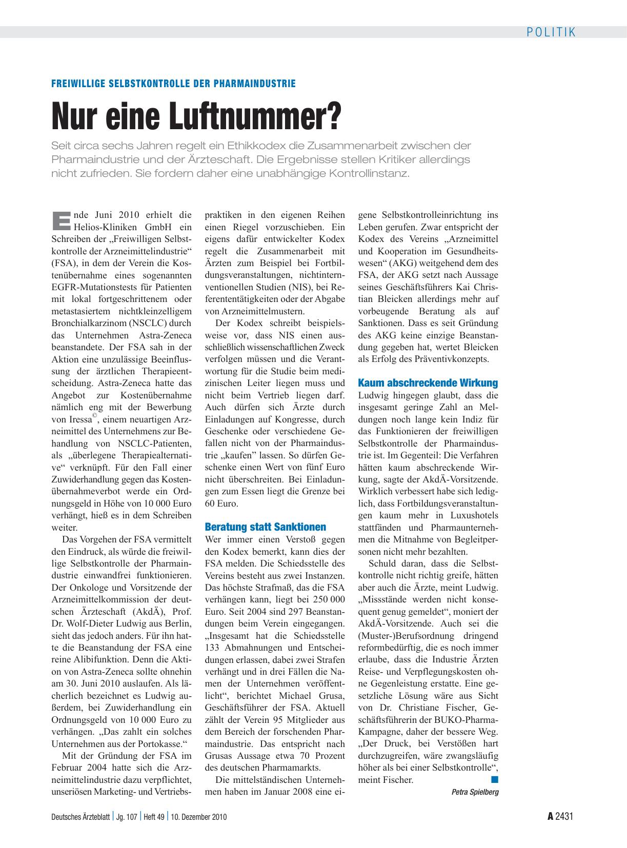 Vorschauseite 1: Freiwillige Selbstkontrolle der Pharmaindustrie: Nur eine Luftnummer?