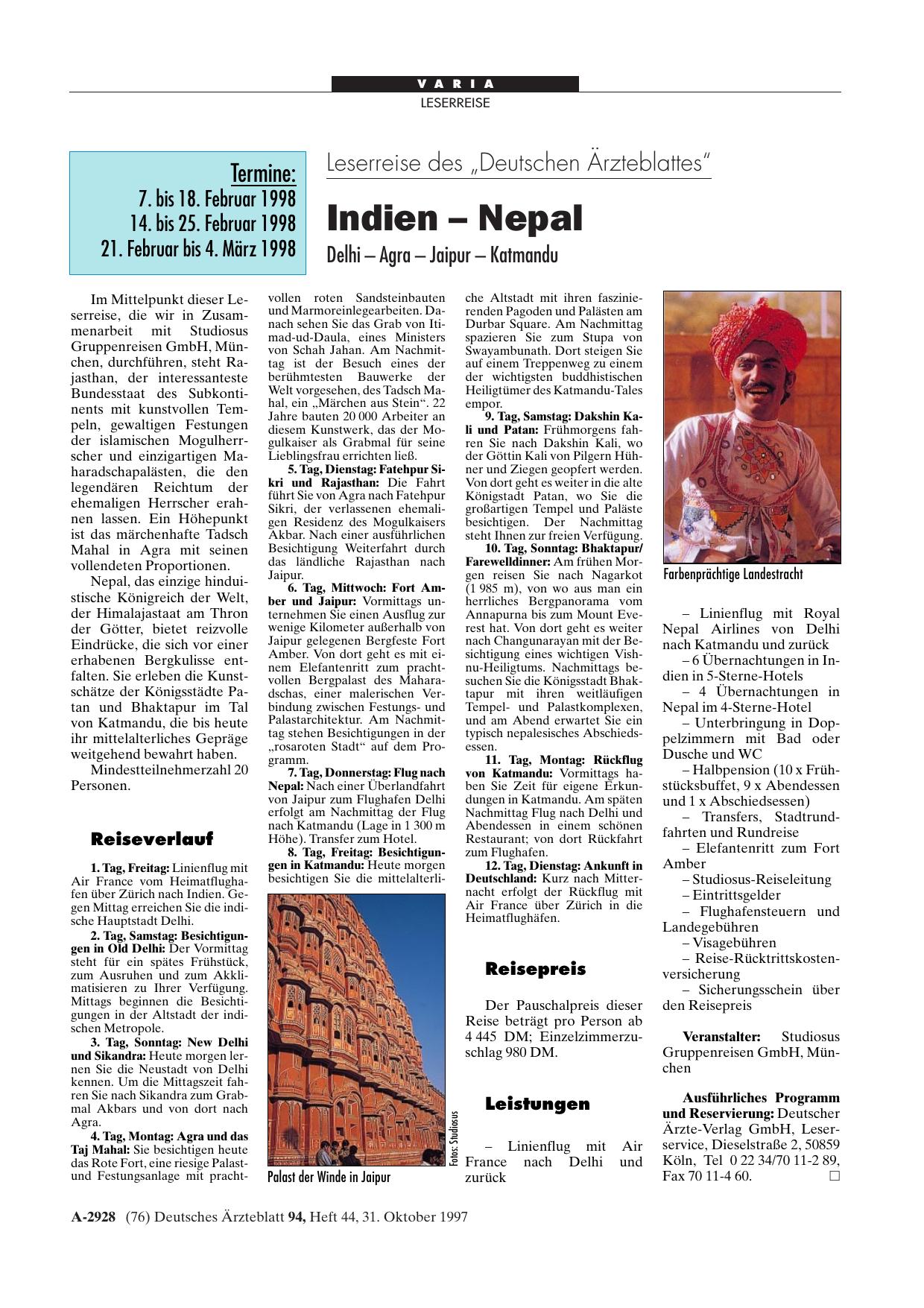 Vorschauseite 1: Leserreise des „Deutschen Ärzteblattes“: Indien - Nepal Delhi - Agra - Jaipur - Katmandu