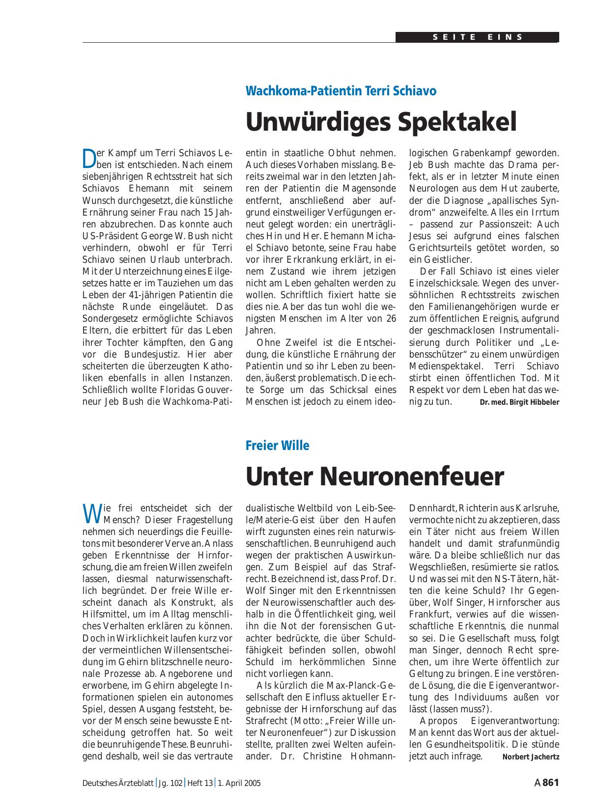 Vorschauseite 1: Wachkoma-Patientin Terri Schiavo: Unwürdiges Spektakel