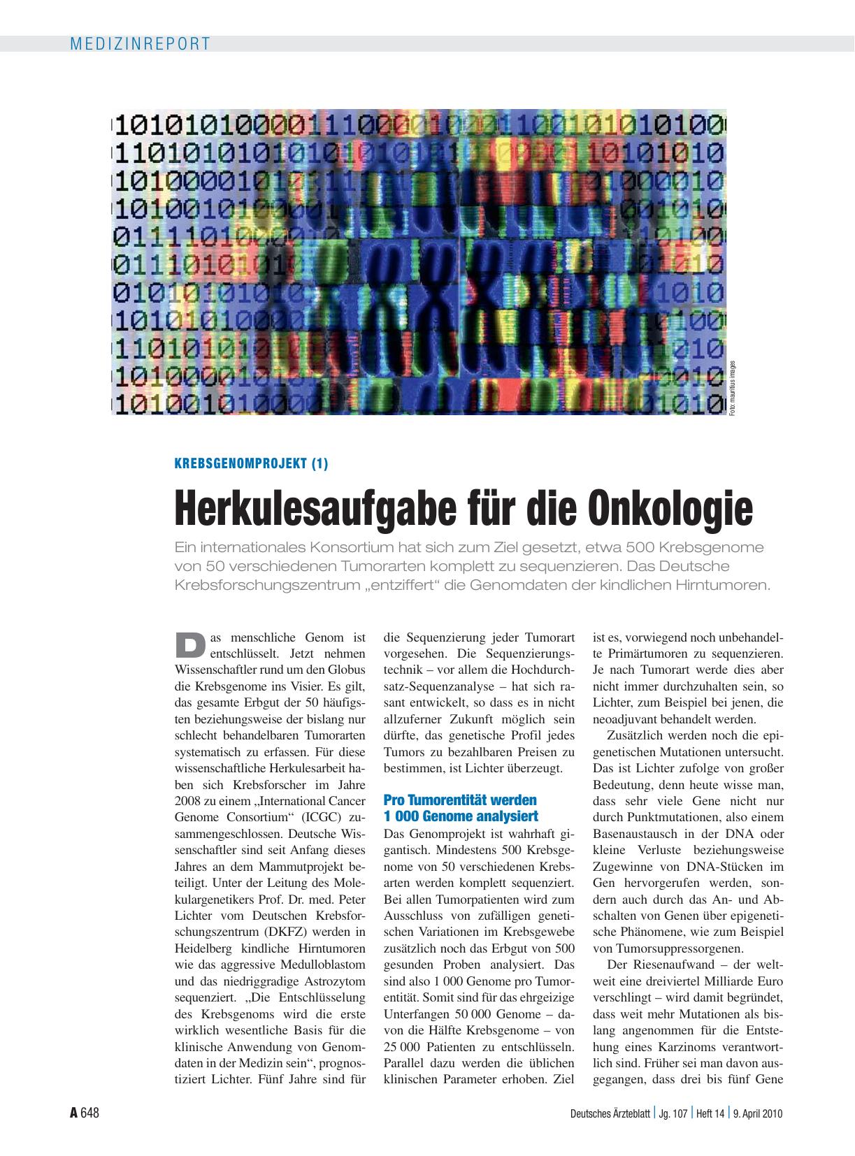 Vorschauseite 1: Krebsgenomprojekt (1): Herkulesaufgabe für die Onkologie