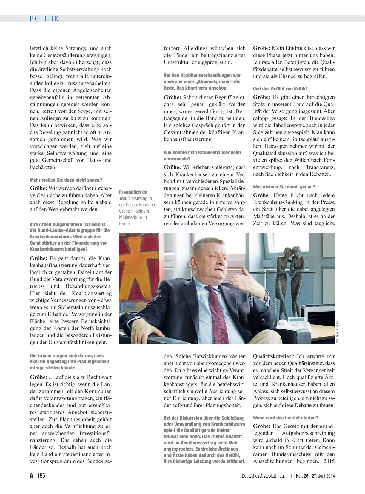 Vorschauseite 2: Interview mit Hermann Gröhe (CDU), Bundesgesundheitsminister: „Die Tabellenspitze wird in jeder Spielzeit neu ausgespielt“