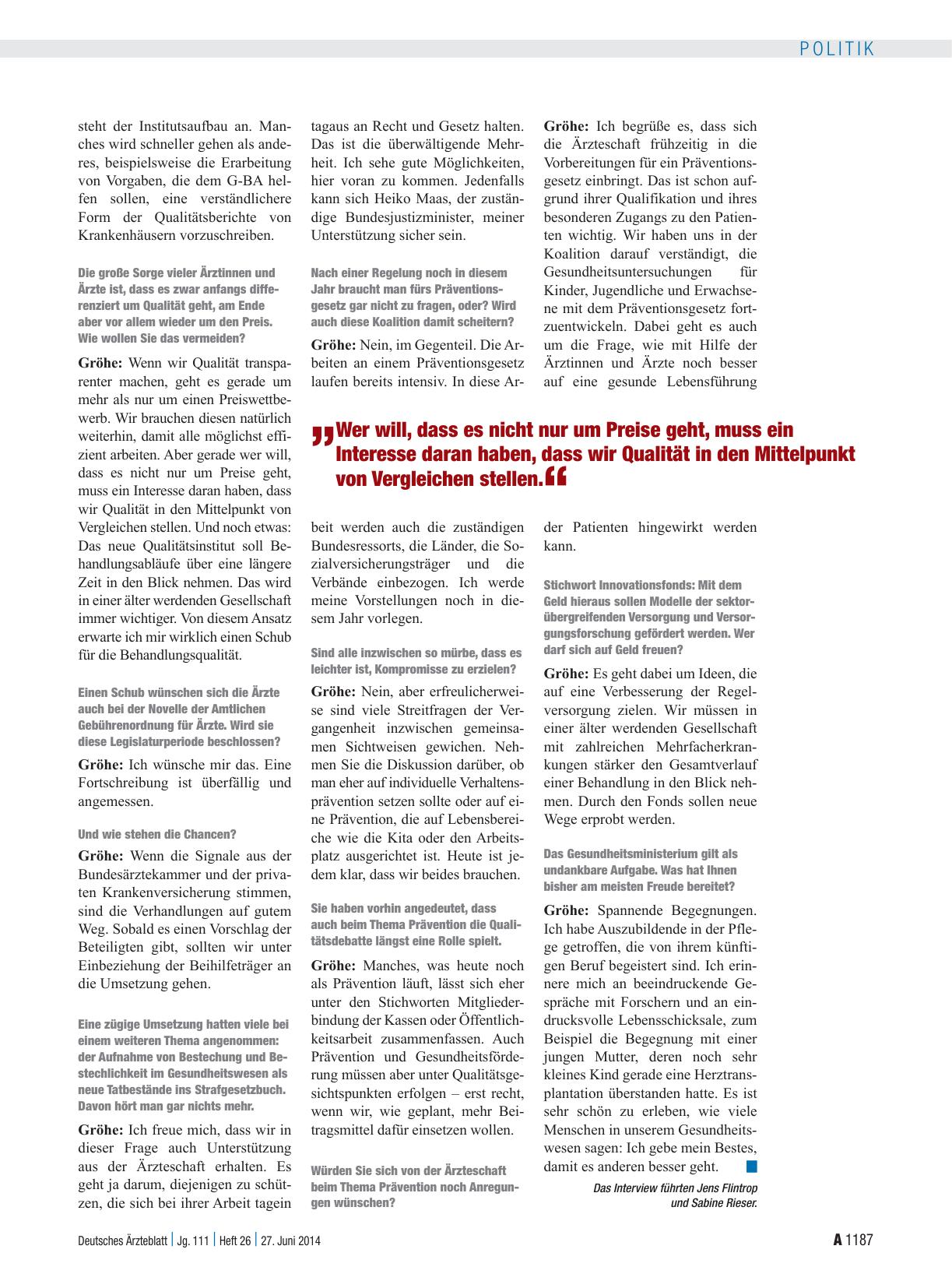 Vorschauseite 3: Interview mit Hermann Gröhe (CDU), Bundesgesundheitsminister: „Die Tabellenspitze wird in jeder Spielzeit neu ausgespielt“