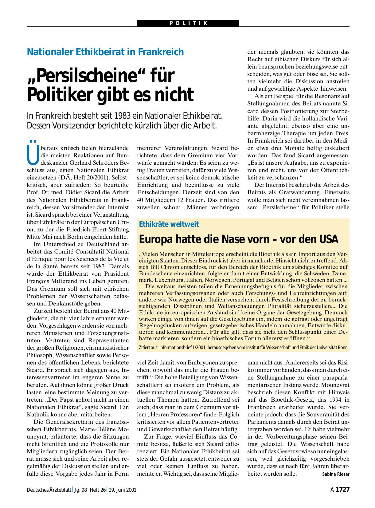 Vorschauseite 1: Ethikräte weltweit: Europa hatte die Nase vorn – vor den USA