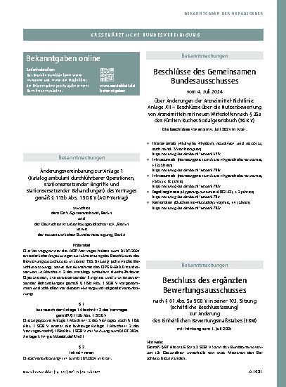 Vorschauseite 1: Änderungsvereinbarung zur Anlage 1 (Katalog ambulant durchführbarer Operationen, stationsersetzender Eingriffe und stationsersetzender Behandlungen) des Vertrages gemäß § 115b Abs…
