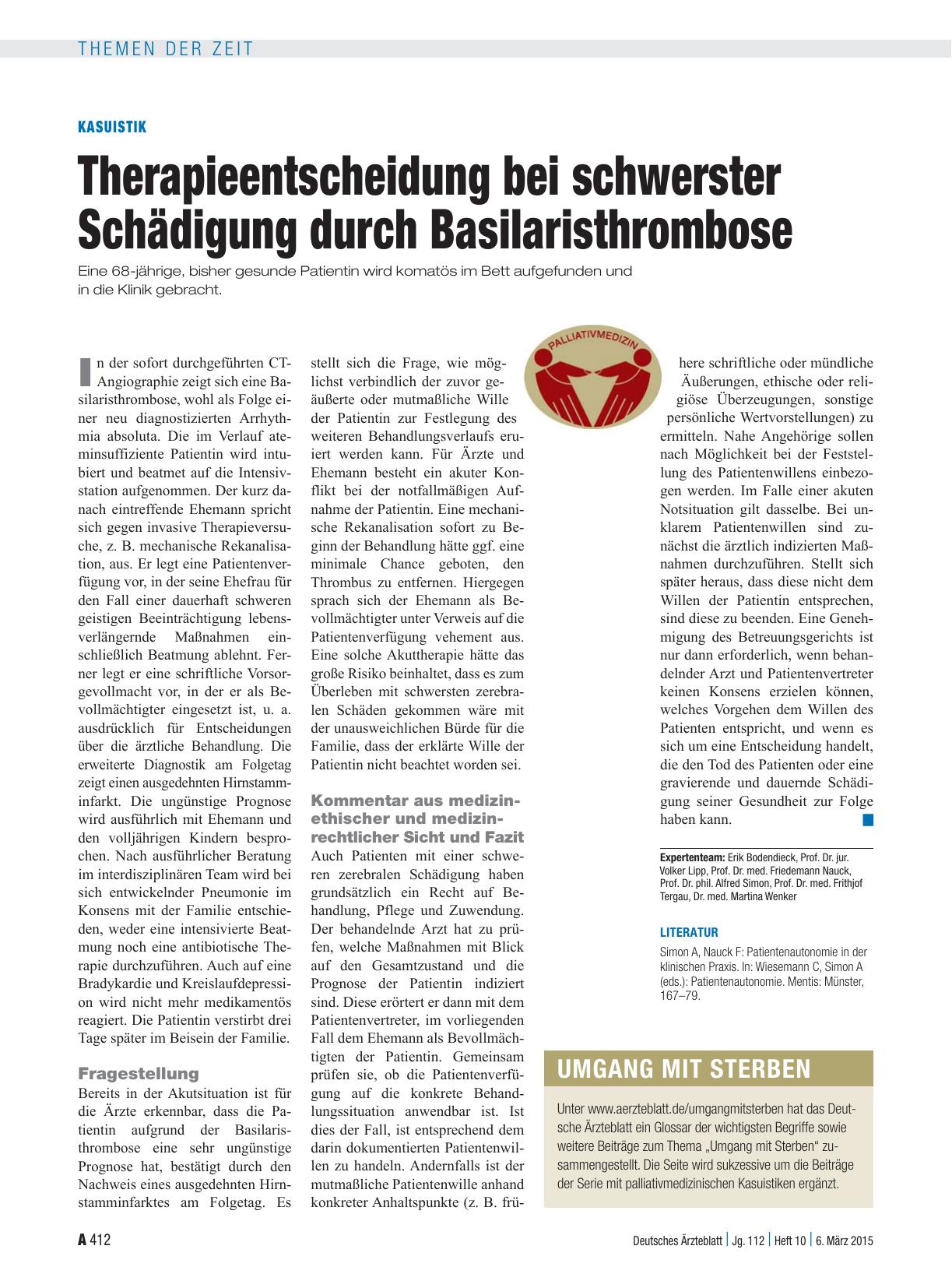 Vorschauseite 1: Kasuistik: Therapieentscheidung bei schwerster Schädigung durch Basilaristhrombose