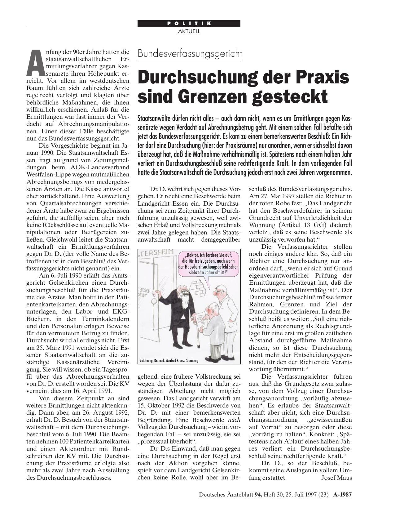 Vorschauseite 1: Bundesverfassungsgericht: Durchsuchung der Praxis sind Grenzen gesteckt