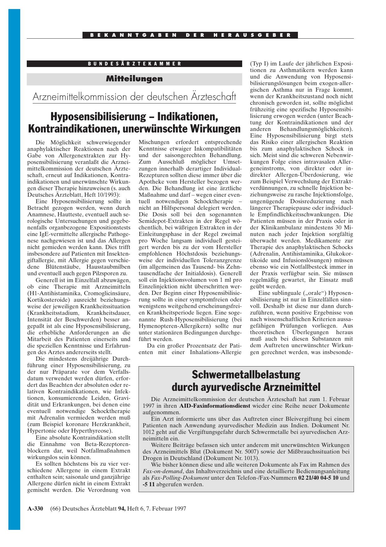 Vorschauseite 1: Mitteilungen: Arzneimittelkommission der deutschen Ärzteschaft Hyposensibilisierung - Indikationen, Kontraindikationen, unerwünschte Wirkungen
