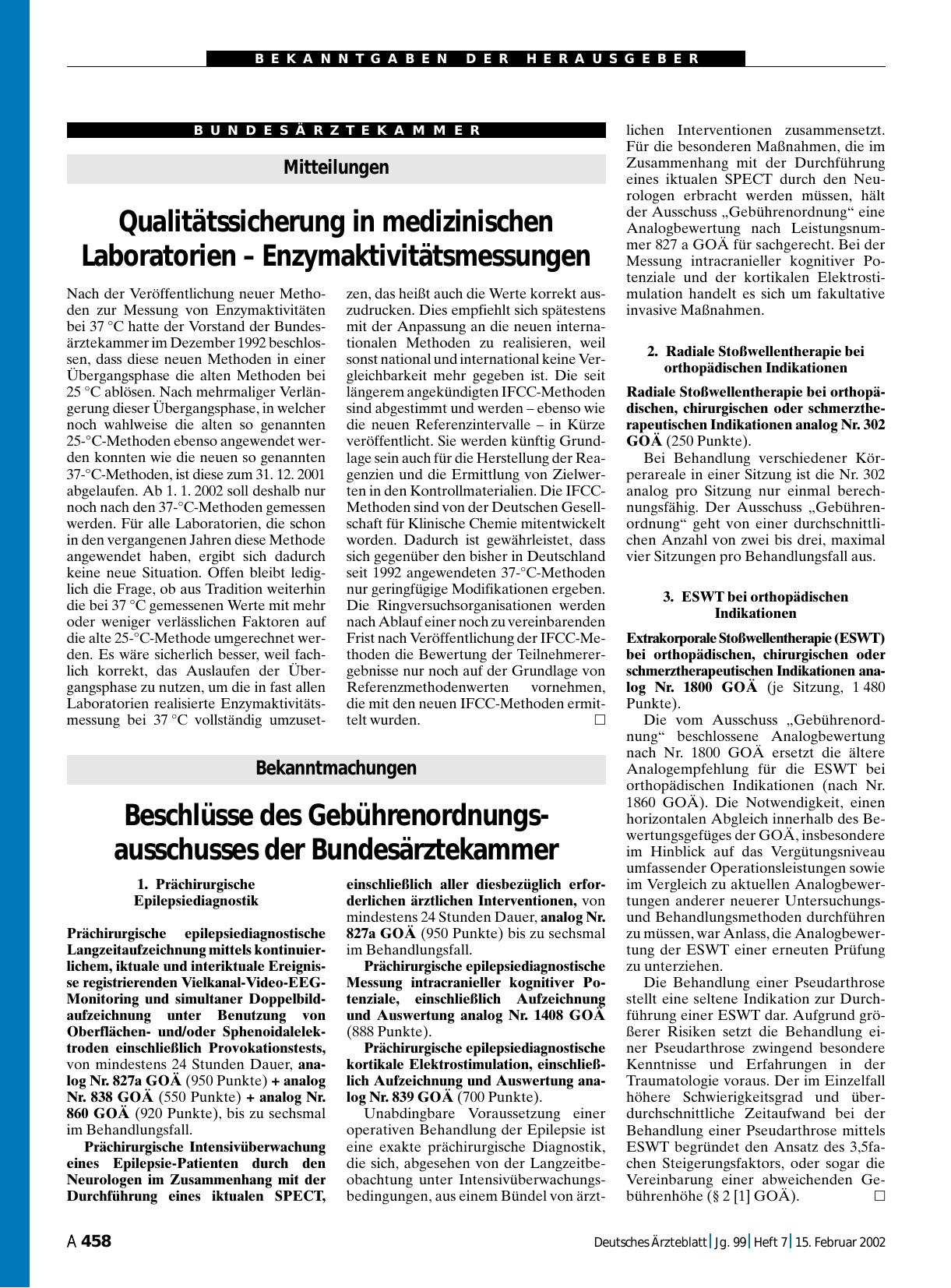 Vorschauseite 1: Bekanntmachungen: Beschlüsse des Gebührenordnungsausschusses der Bundesärztekammer