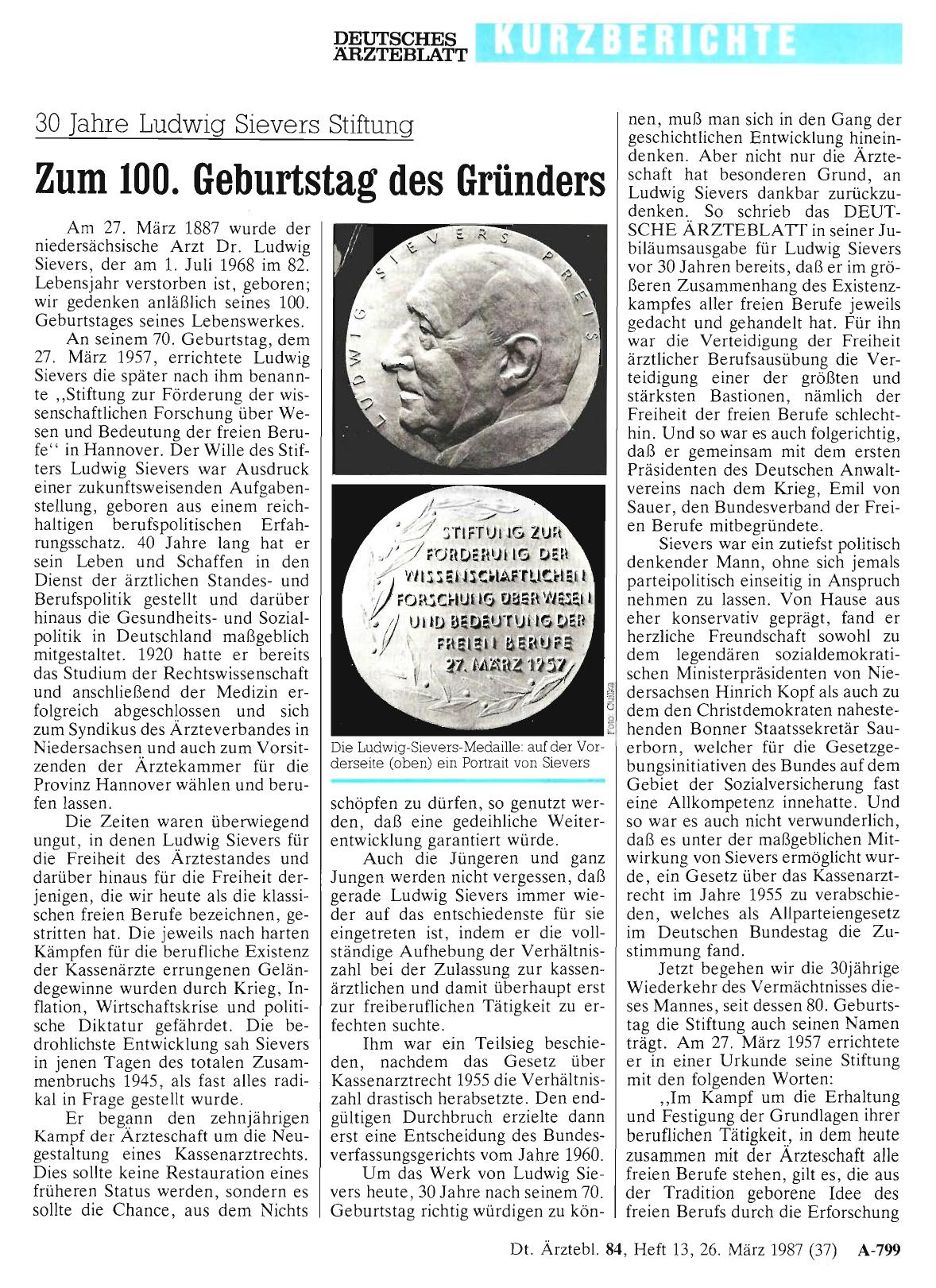 Vorschauseite 1: 30 Jahre Ludwig Sievers Stiftung: Zum 100. Geburtstag des Gründers