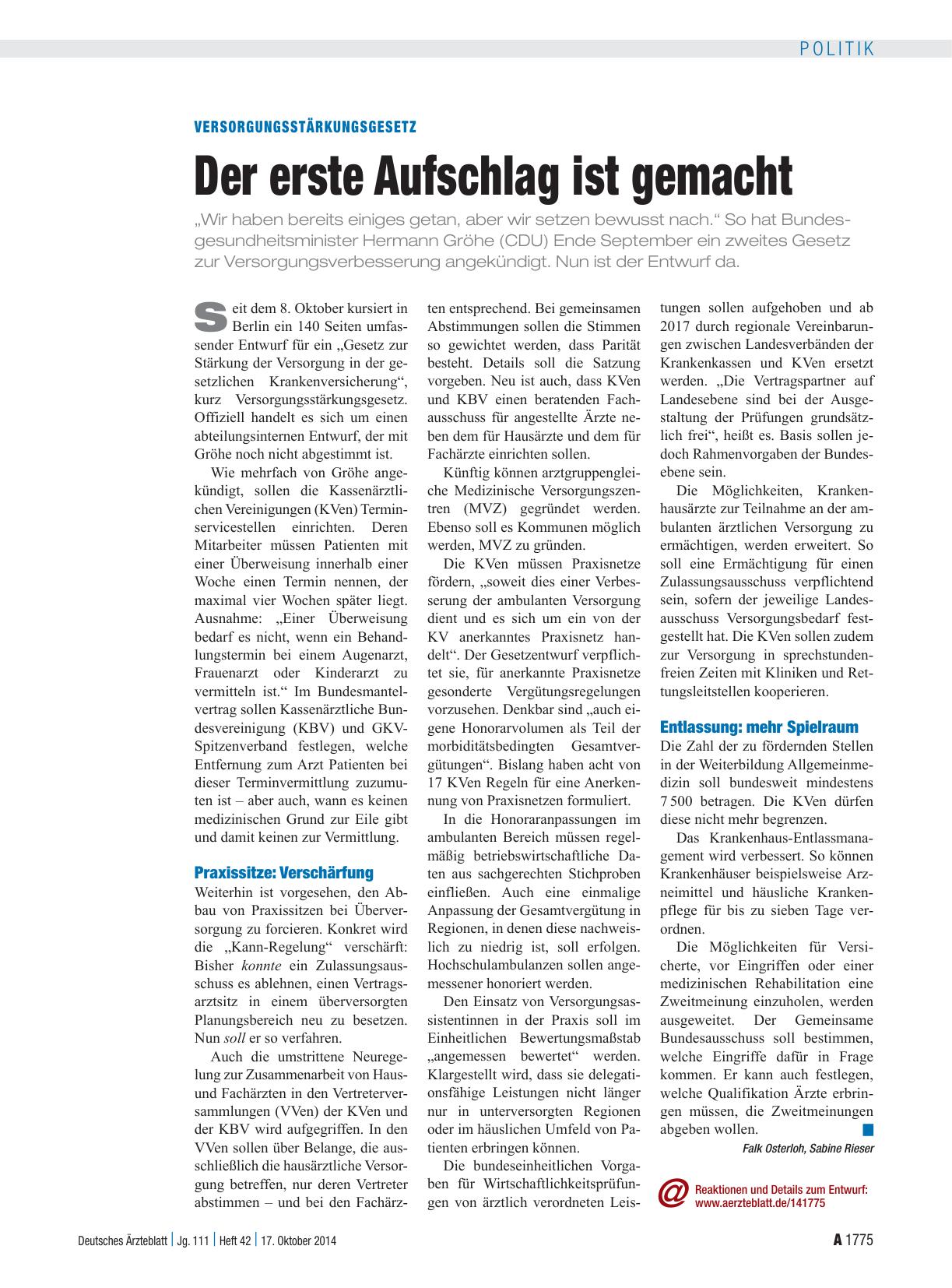 Vorschauseite 1: Versorgungsstärkungsgesetz: Der erste Aufschlag ist gemacht