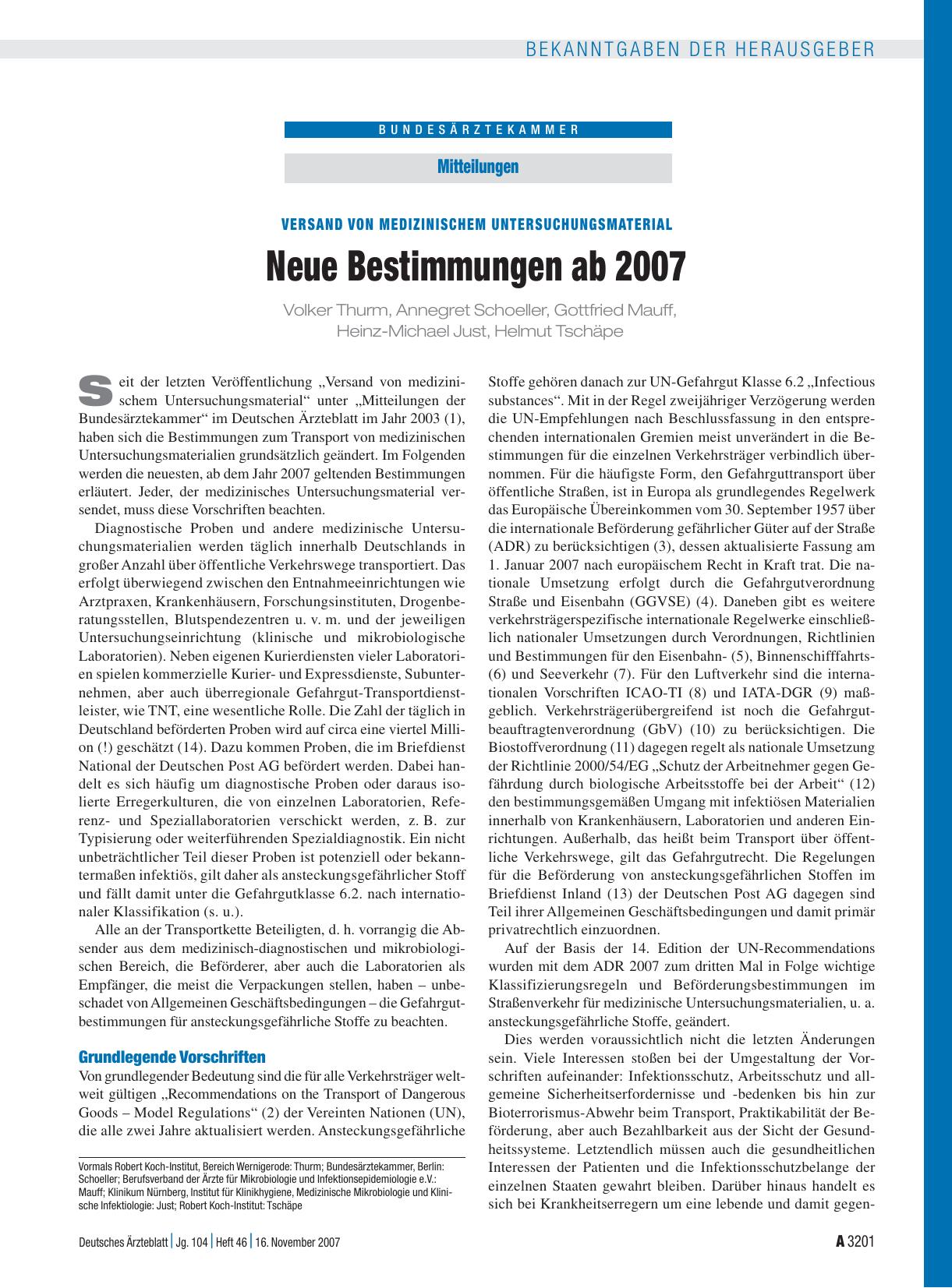 Vorschauseite 1: Mitteilungen: Versand von medizinischem Untersuchungsmaterial - Neue Bestimmungen ab 2007