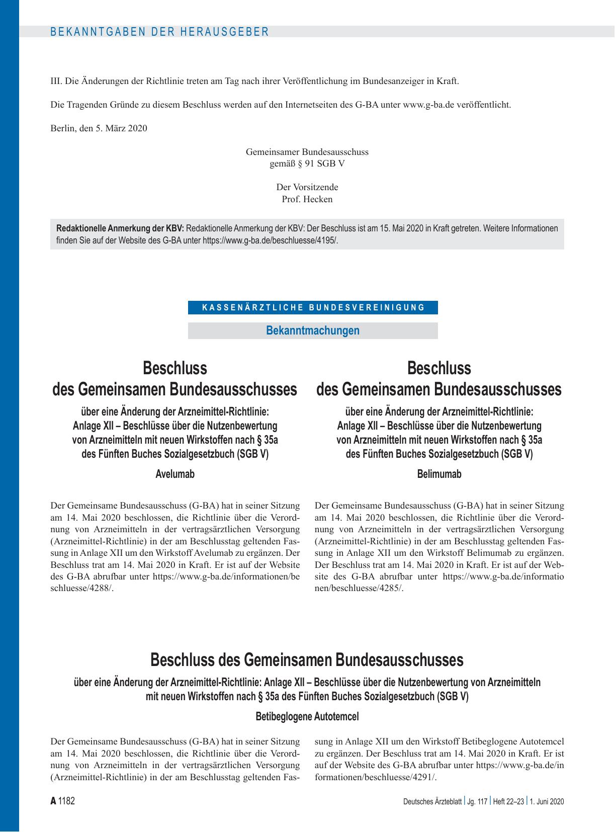 Vorschauseite 1: Beschluss des Gemeinsamen Bundesausschusses über eine Änderung der Arzneimittel-Richtlinie: Anlage XII – Betibeglogene Autotemcel