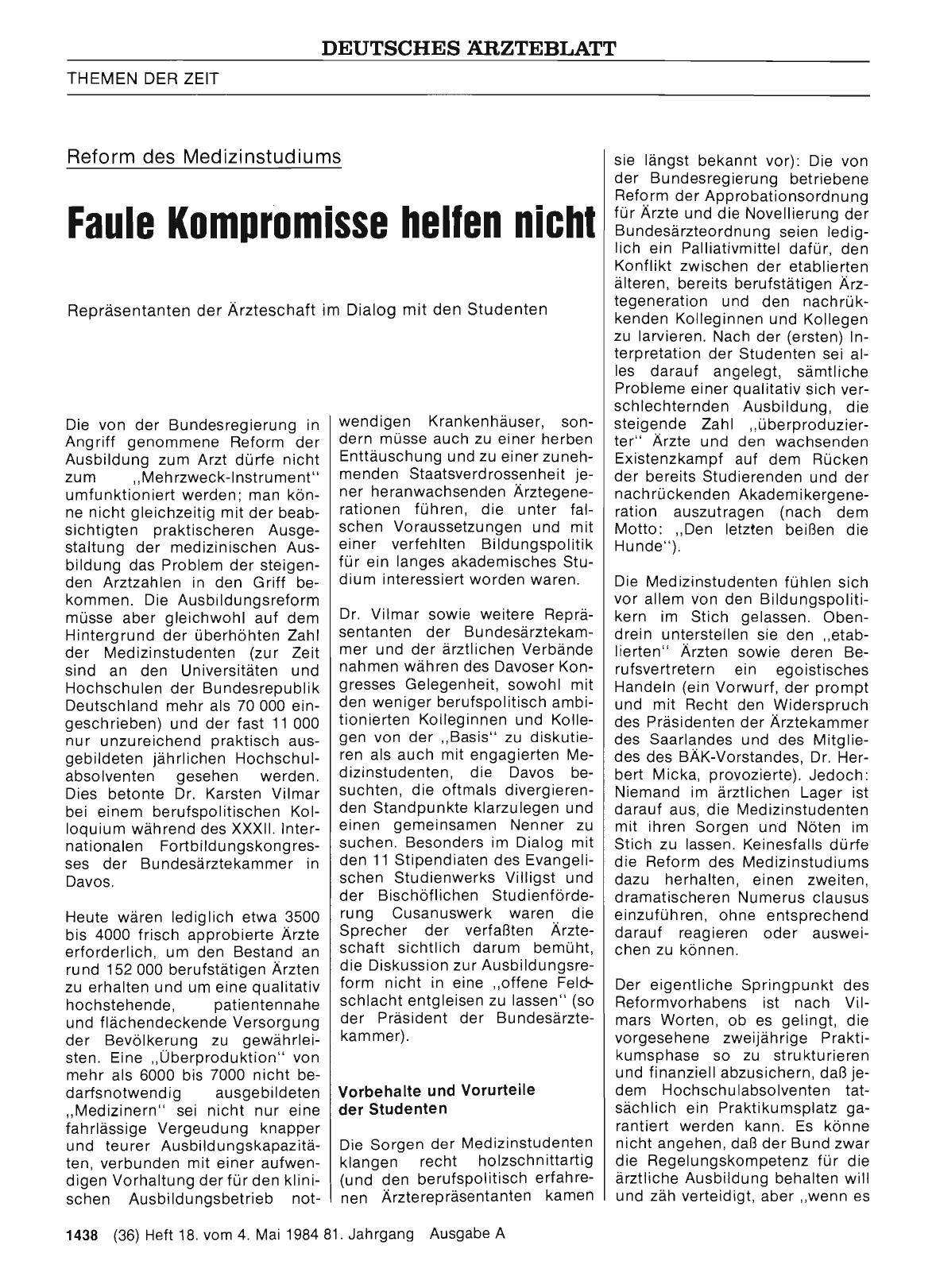 Vorschauseite 1: Reform des Medizinstudiums: Faule Kompromisse helfen nicht