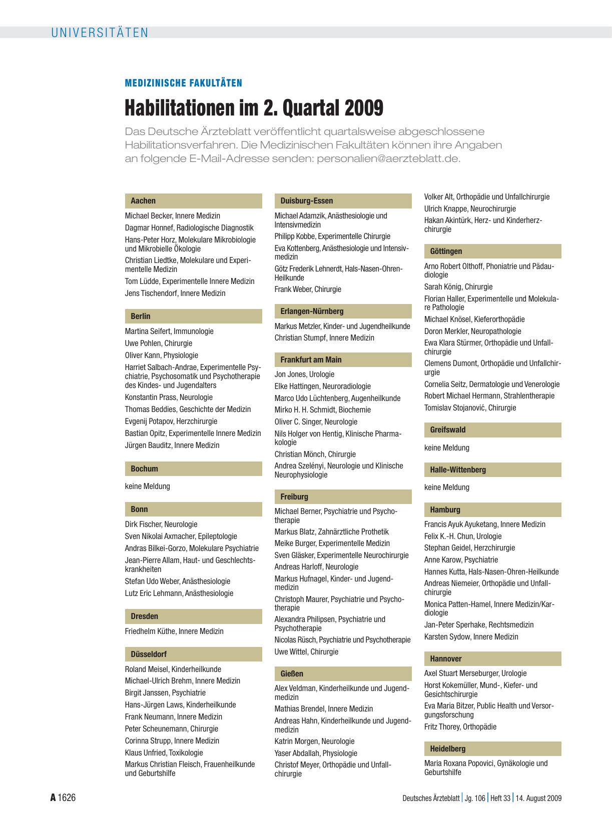 Vorschauseite 1: Medizinische Fakultäten: Habilitationen im 2. Quartal 2009