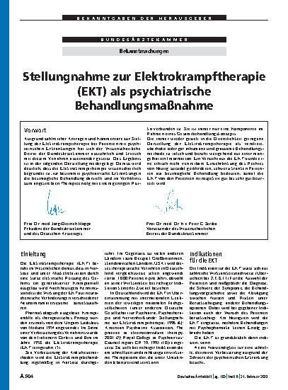 Vorschauseite 1: Bekanntmachungen: Stellungnahme zur Elektrokrampftherapie (EKT) als psychiatrische Behandlungsmaßnahme