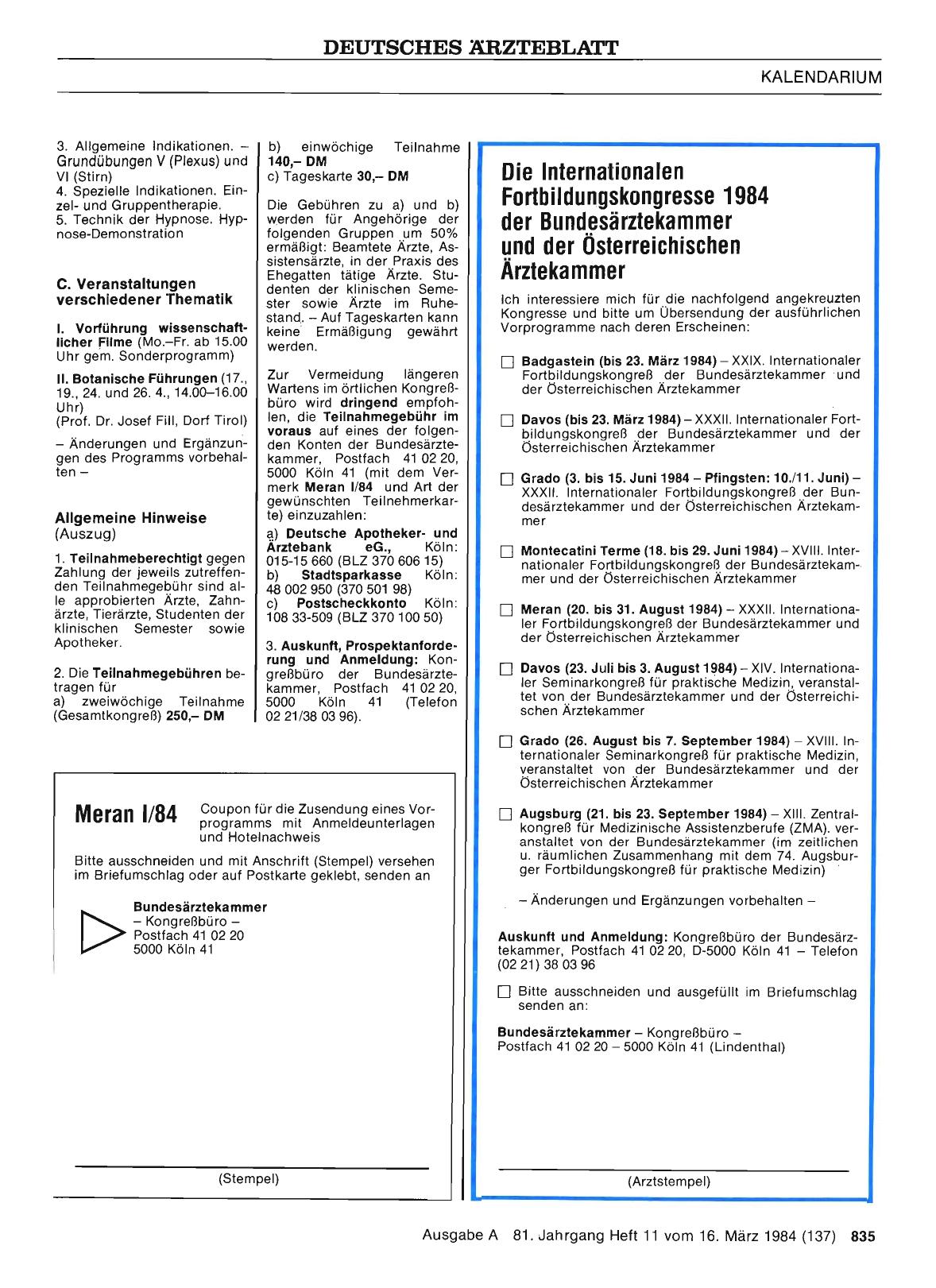Vorschauseite 1: Die Internationalen Fortbildungskongresse 1984 der Bundesärztekammer und der Österreichischen Ärztekammer