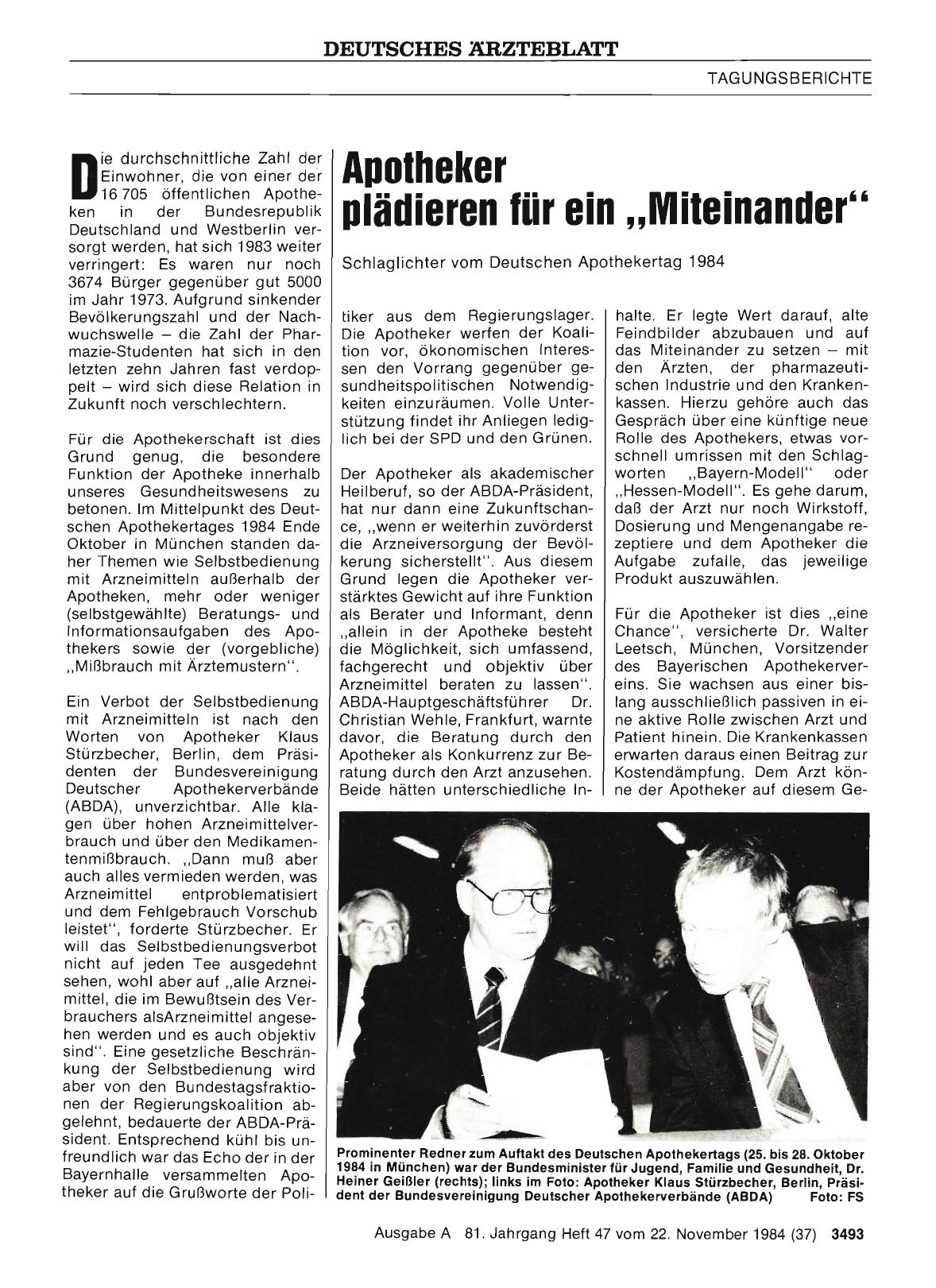 Vorschauseite 1: Apotheker plädieren für ein „Miteinander“: Schlaglichter vom Deutschen Apothekertag 1984