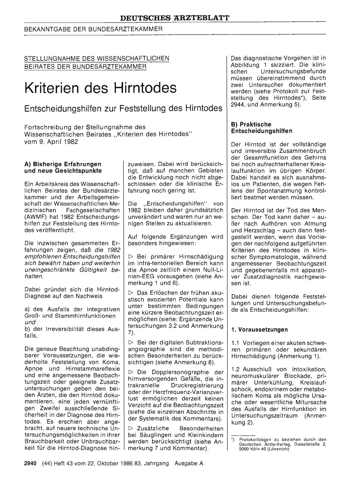 Vorschauseite 1: BEKANNTGABE DER BUNDESÄRZTEKAMMER: STELLUNGNAHME DES WISSENSCHAFTLICHEN BEIRATES DER BUNDESÄRZTEKAMMER - Kriterien des Hirntodes