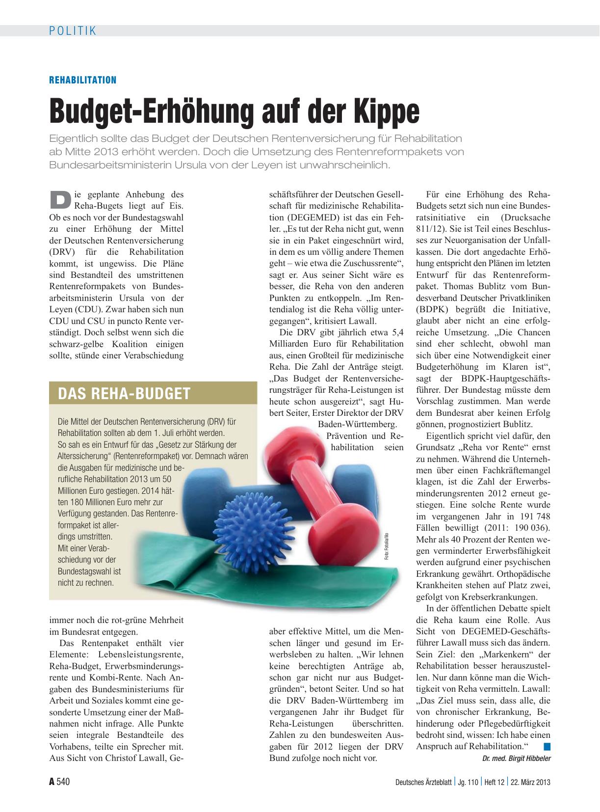 Vorschauseite 1: Rehabilitation: Budget-Erhöhung auf der Kippe