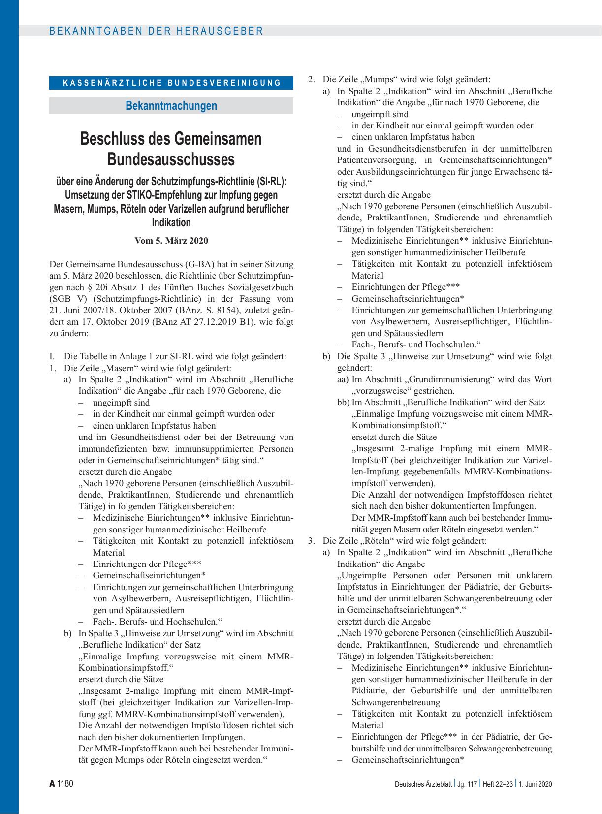 Vorschauseite 1: Beschluss des Gemeinsamen Bundesausschusses über eine Änderung der Schutzimpfungs-Richtlinie (SI-RL): Umsetzung der STIKO-Empfehlung zur Impfung gegen Masern, Mumps, Röteln oder V…