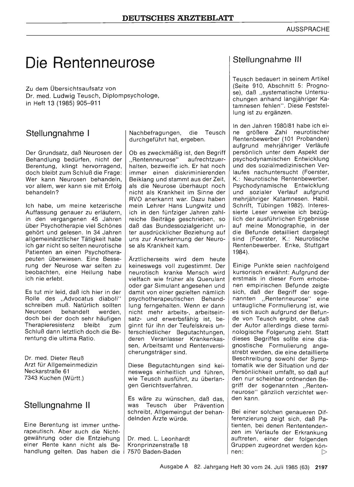 Vorschauseite 1: Die Rentenneurose: Stellungnahme I