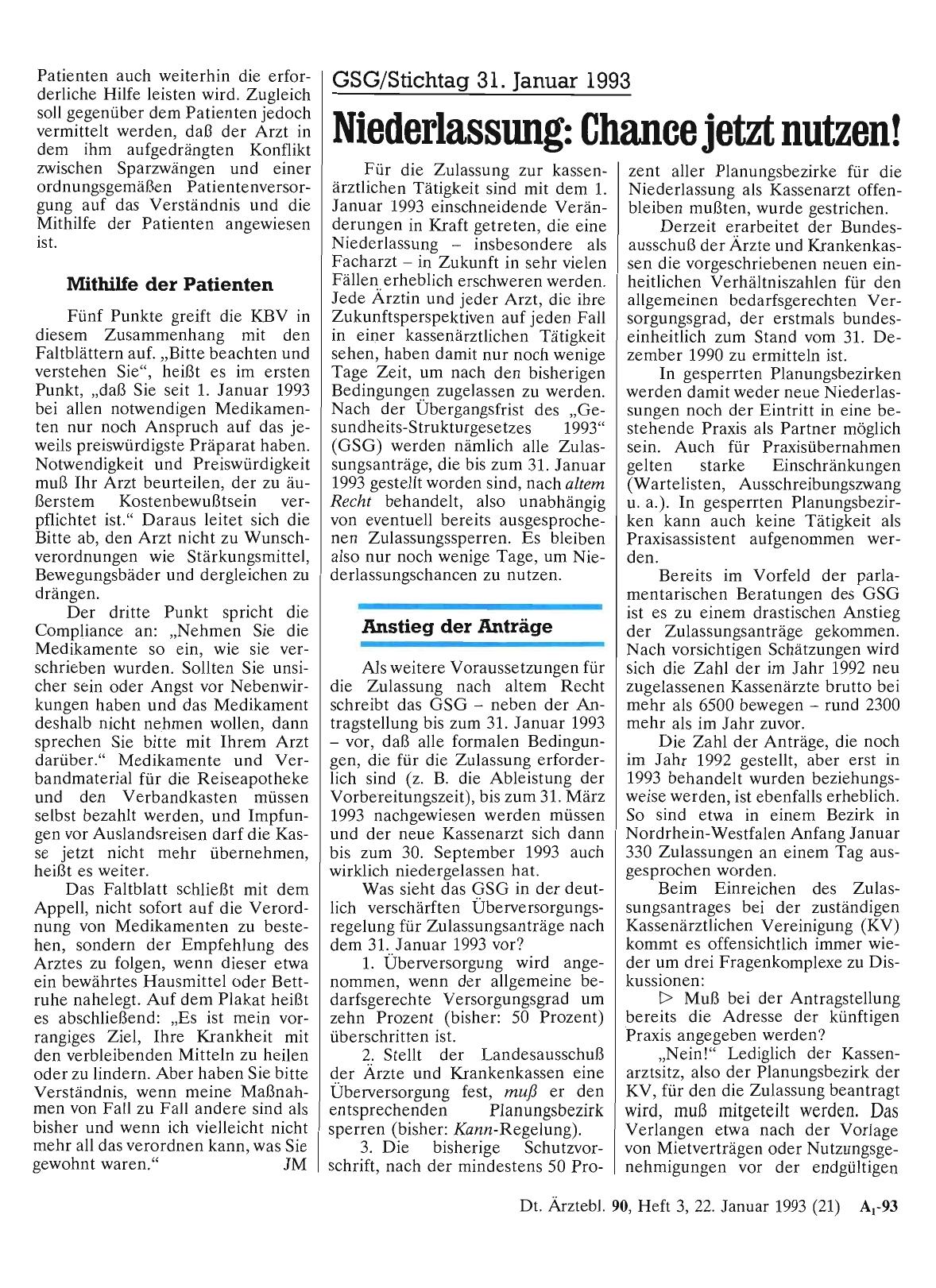 Vorschauseite 1: GSG/Stichtag 31. Januar 1993: Niederlassung: Chance jetzt nutzen!
