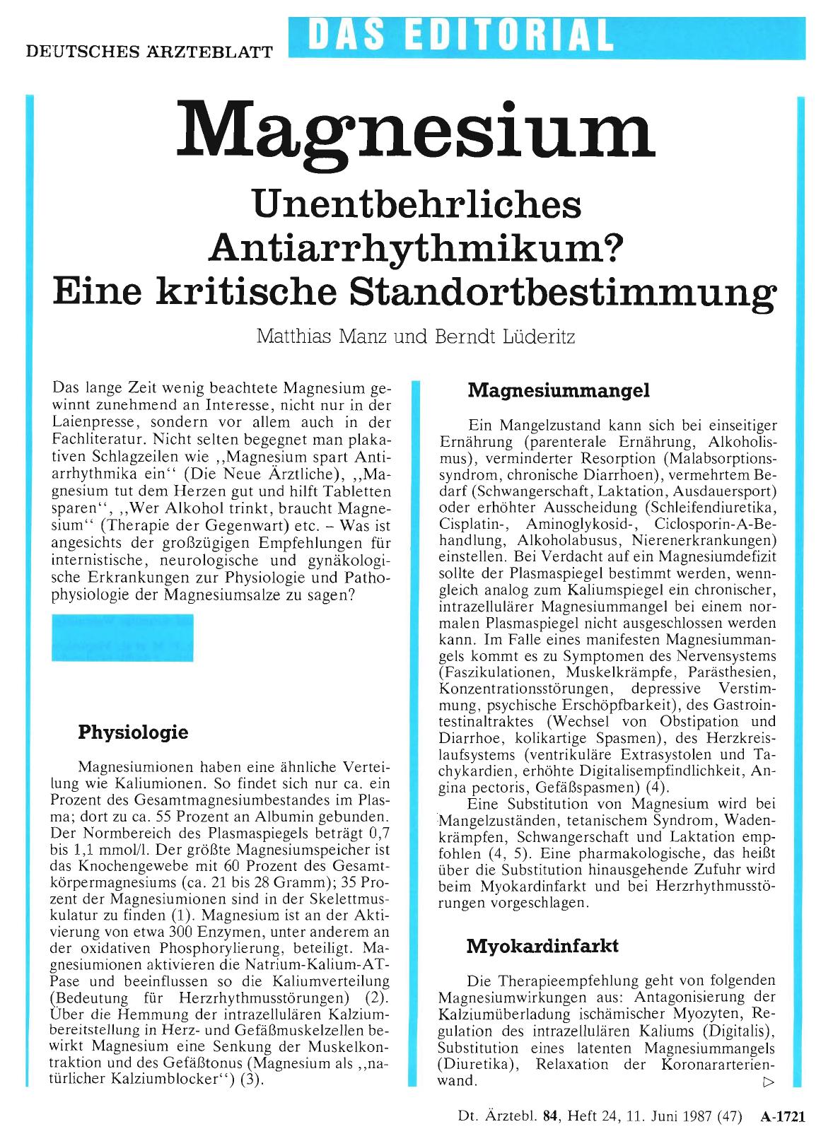 Vorschauseite 1: Magnesium: Unentbehrliches Antiarrhythmikum? Eine kritische Standortbestimmung