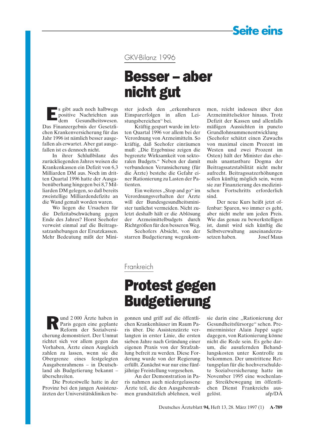 Vorschauseite 1: GKV-Bilanz 1996: Besser - aber nicht gut