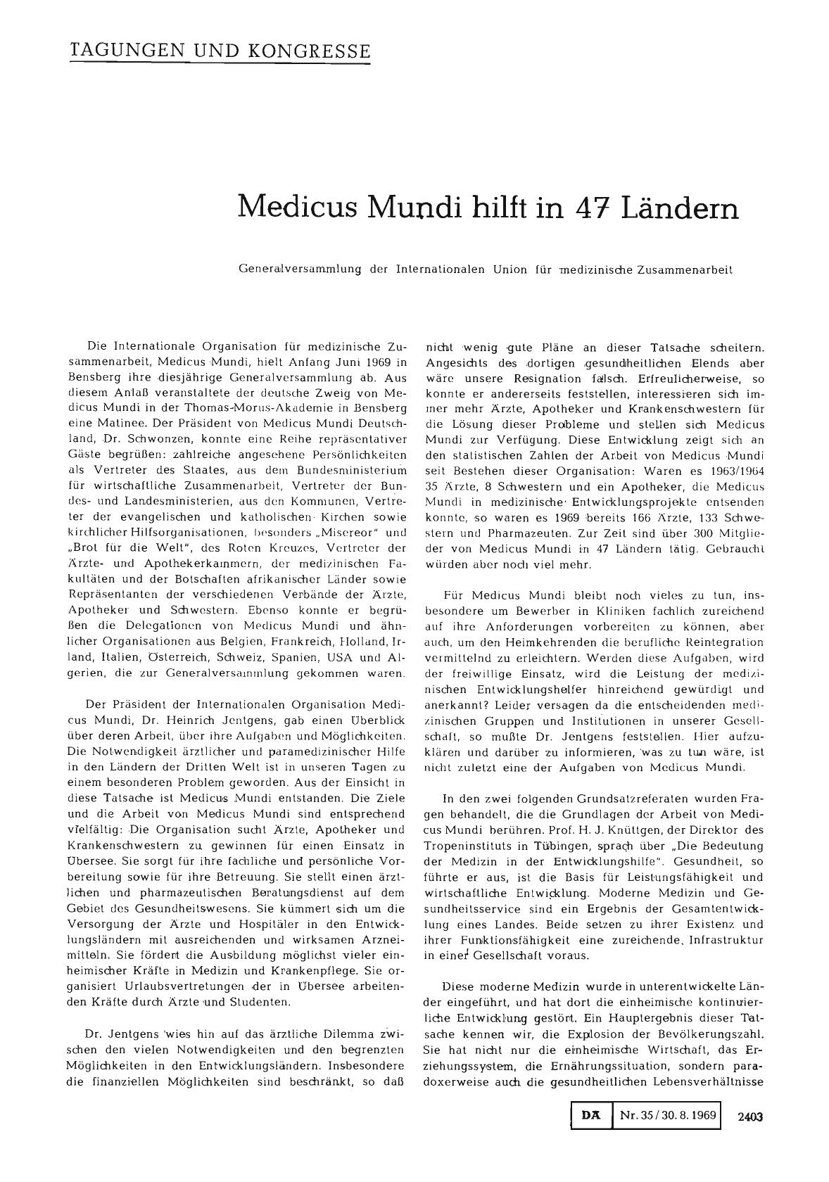 Vorschauseite 1: Medicus Mundi hilft in 47 Ländern
