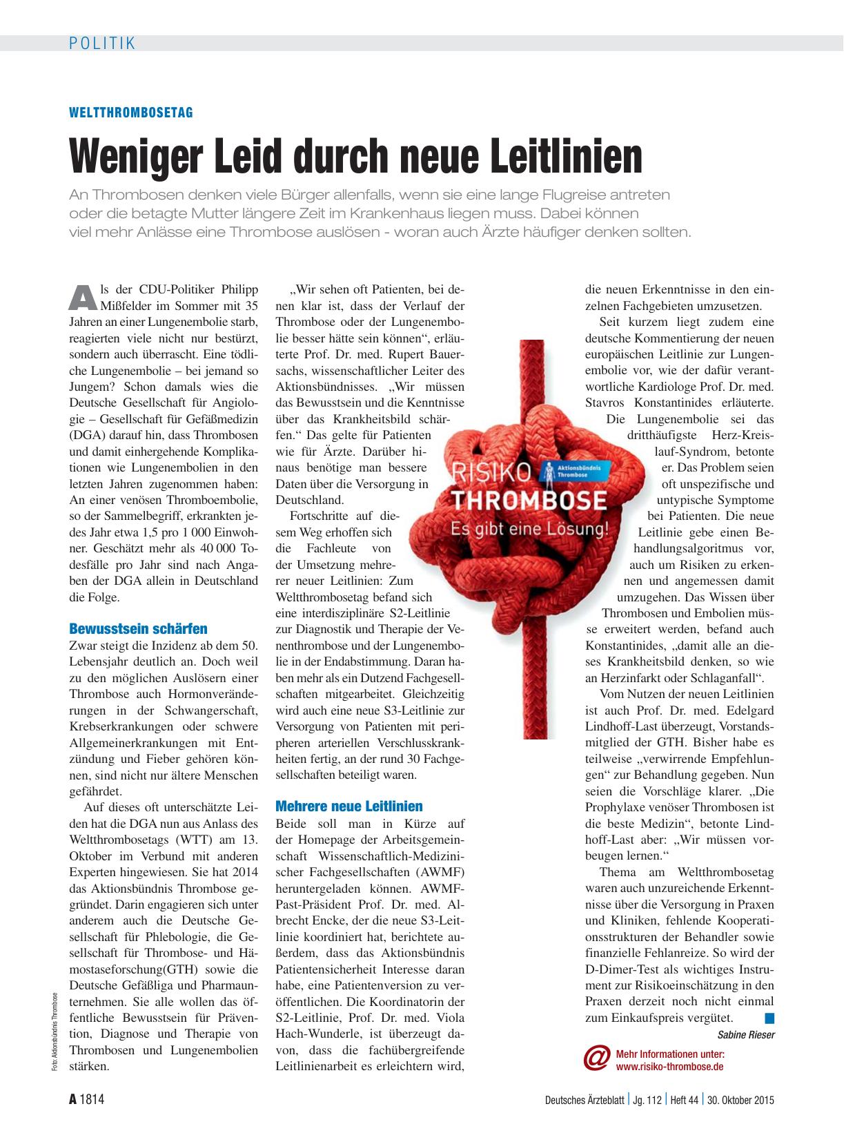 Vorschauseite 1: Weltthrombosetag: Weniger Leid durch neue Leitlinien
